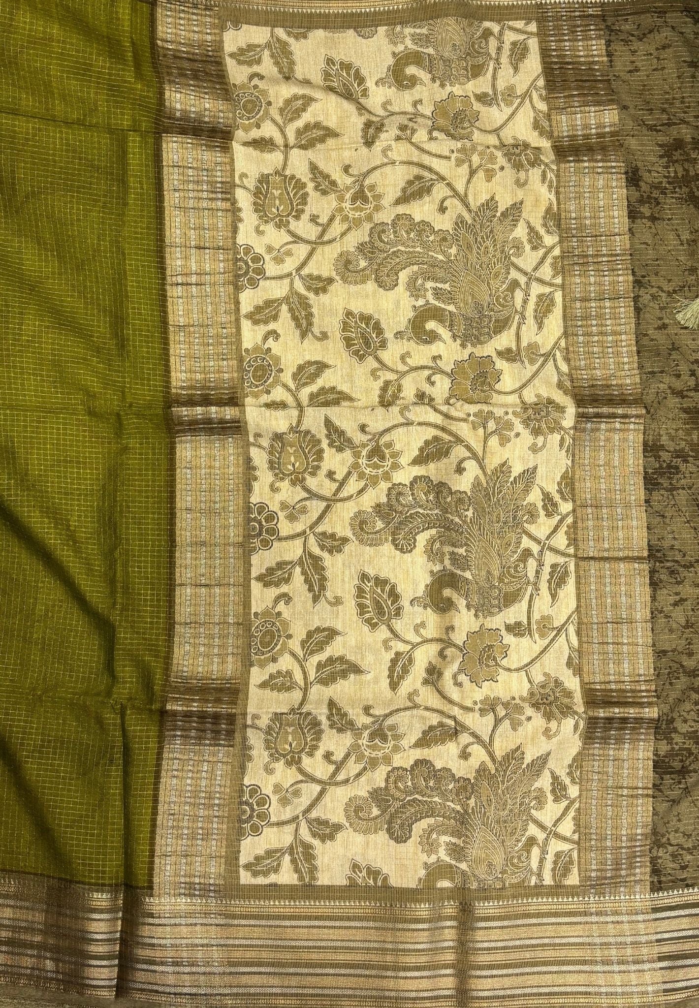 Muslin Tussar Saree-Olive Green In Floral Vine Border