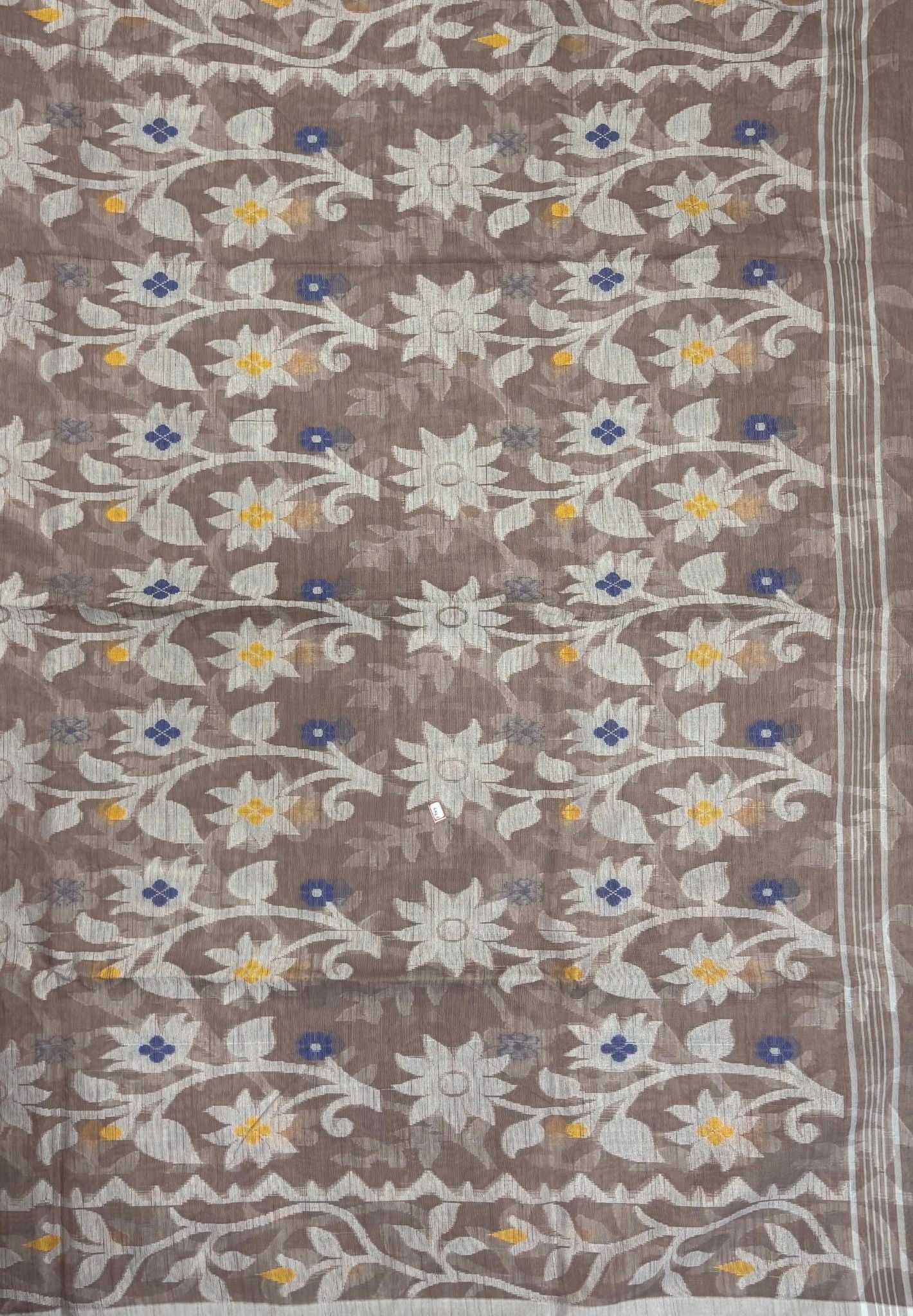 Dhakai Jamdhani Cotton Saree-Choco Brown In Floral Vine Zari Border