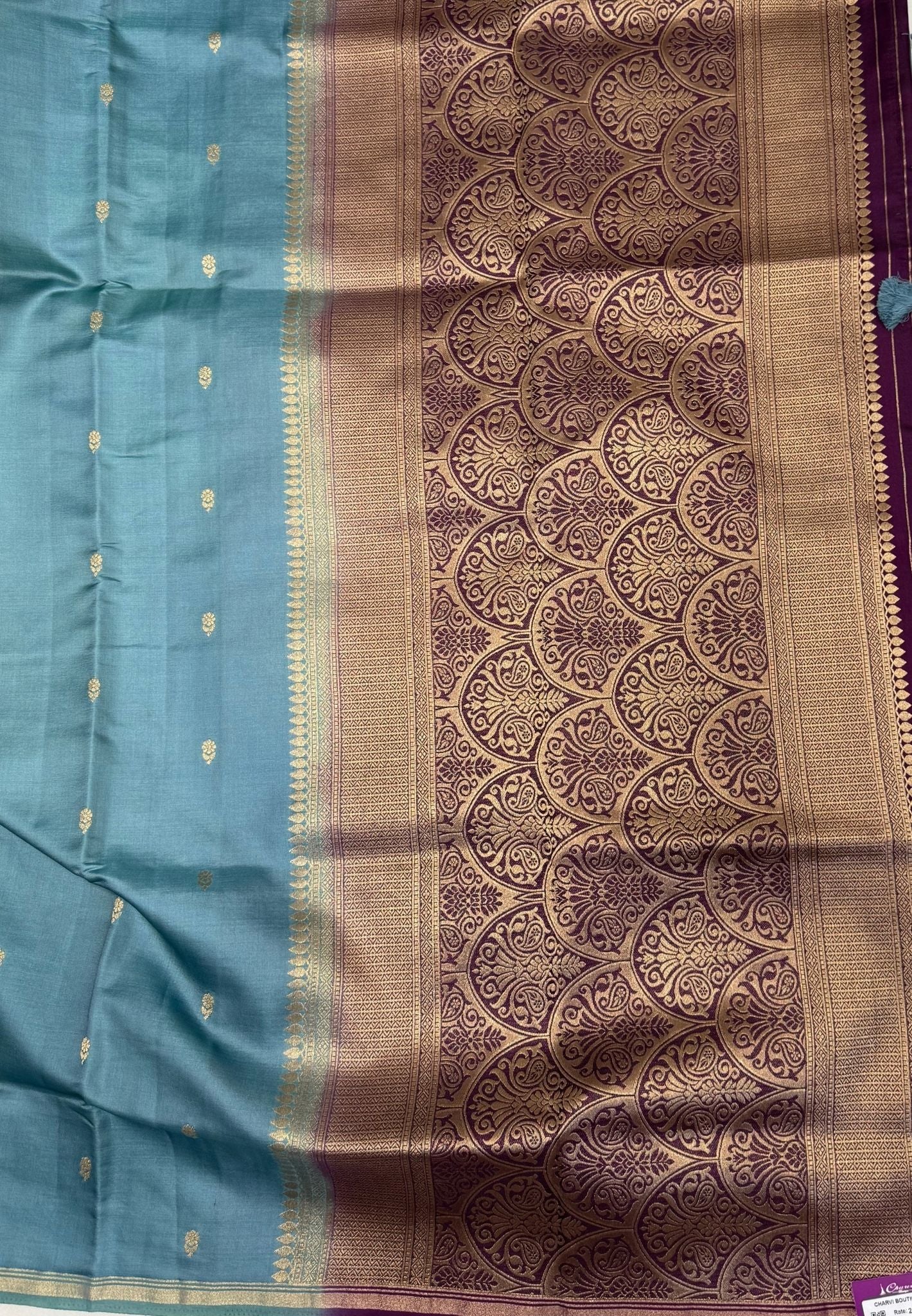 Gaji Silk Saree-Water Blue In Paisley Jaal Zari Border