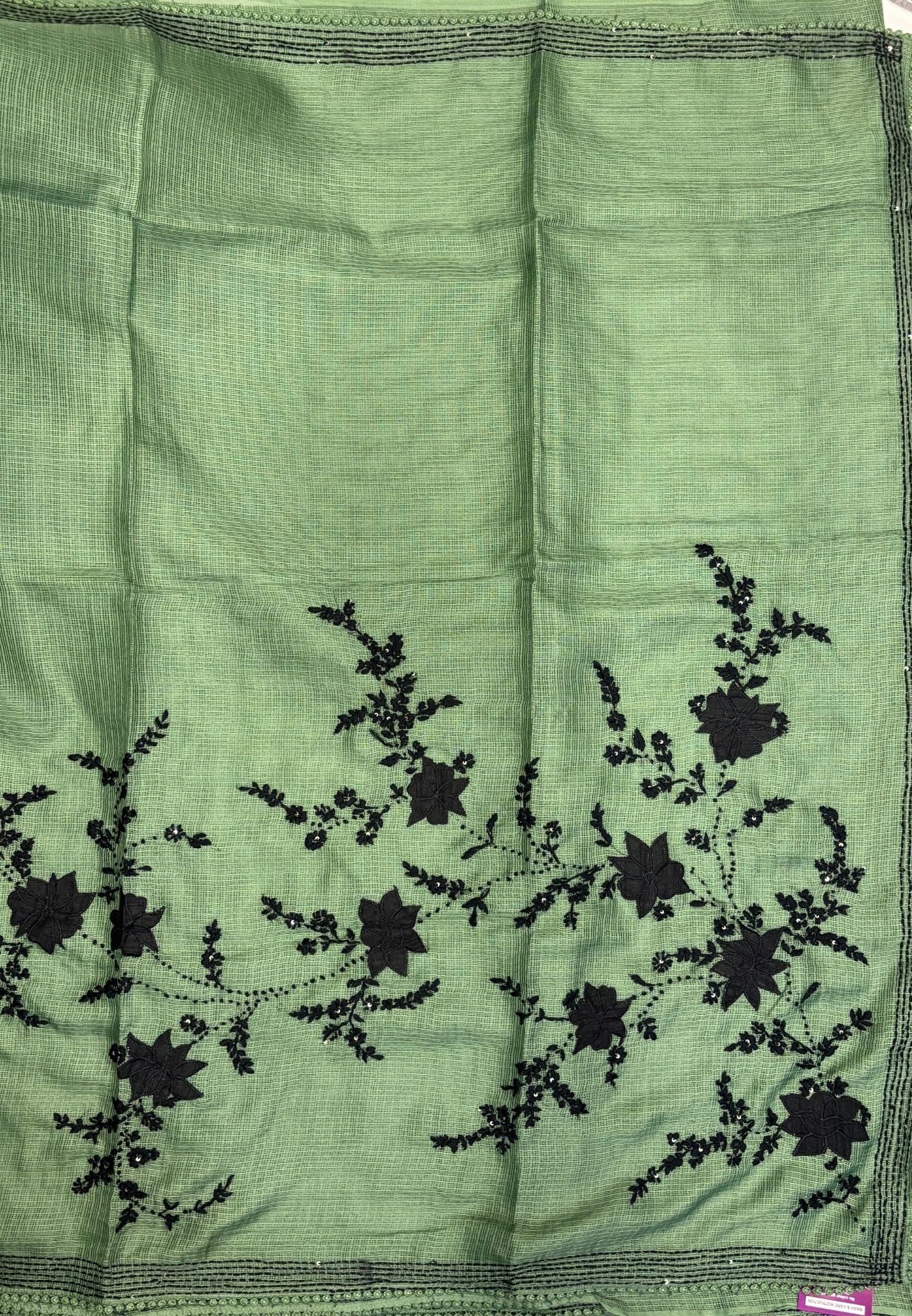 Kota Saree-Metallic Green with Floral Embroidery