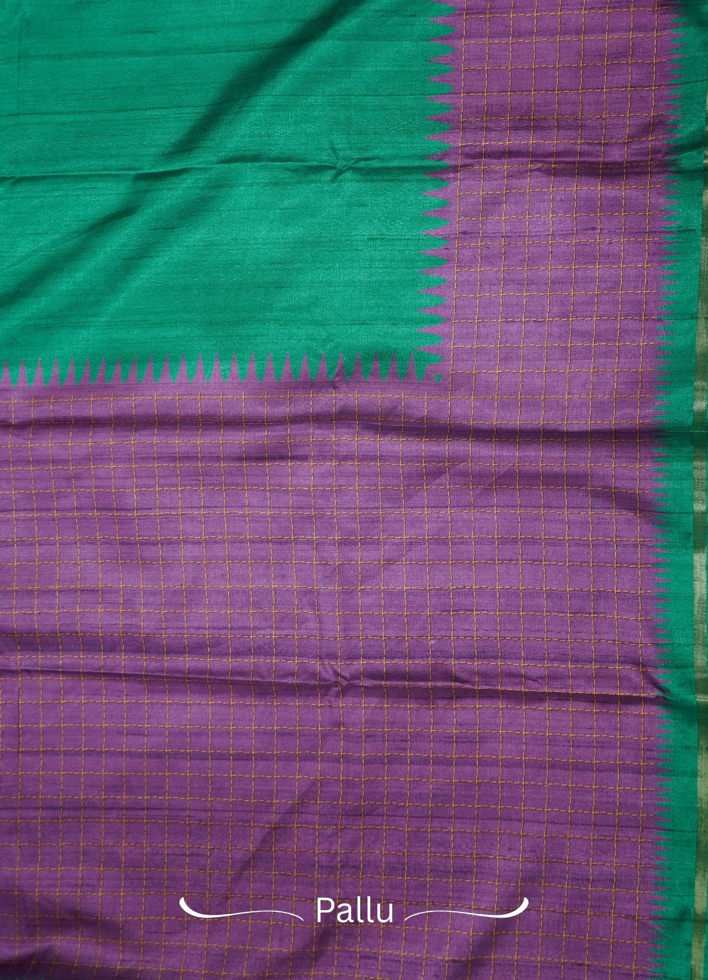 Semi Tussar Saree – Green & Purple Checks Design