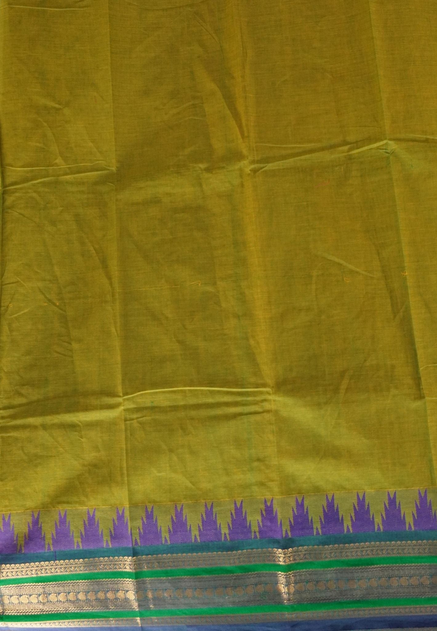 Chettinad Cotton Saree–Lime Green with Temple Zari Border