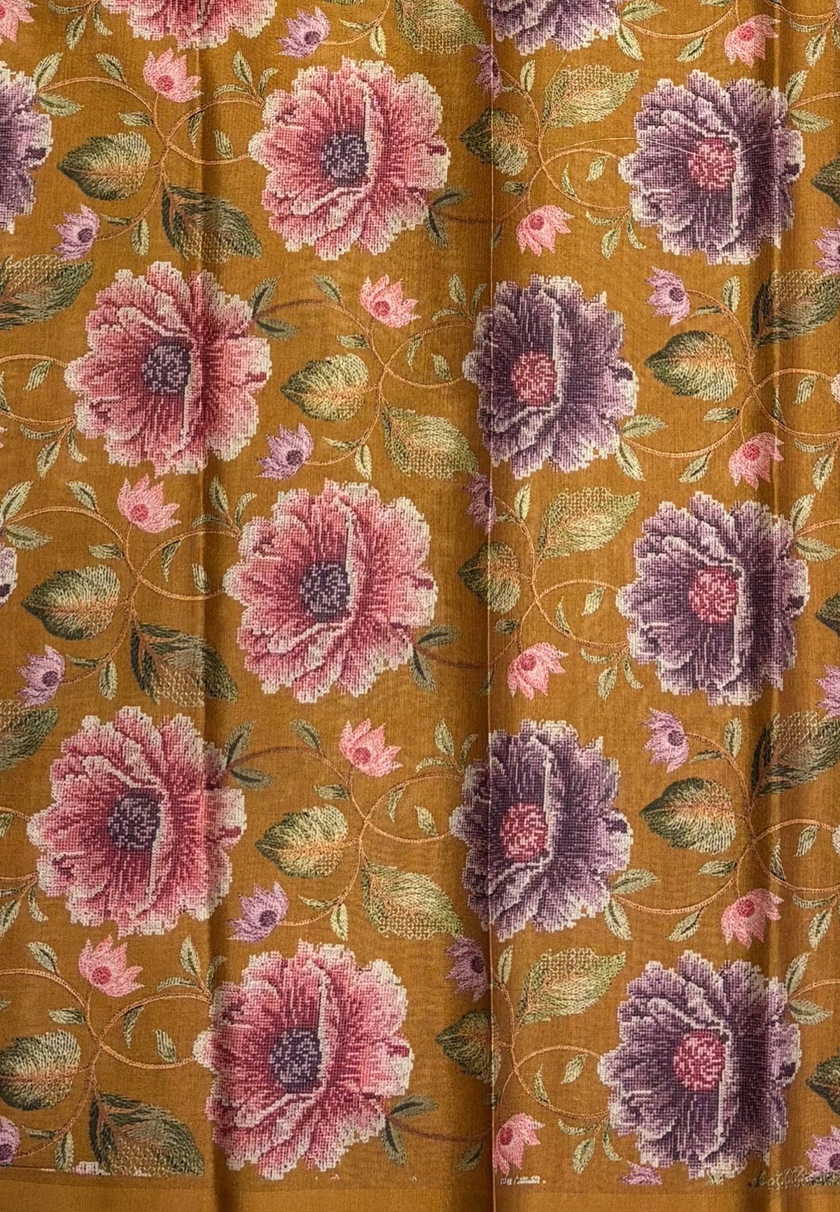 Soft Tussar Saree-Mustard in Floral Garden Border