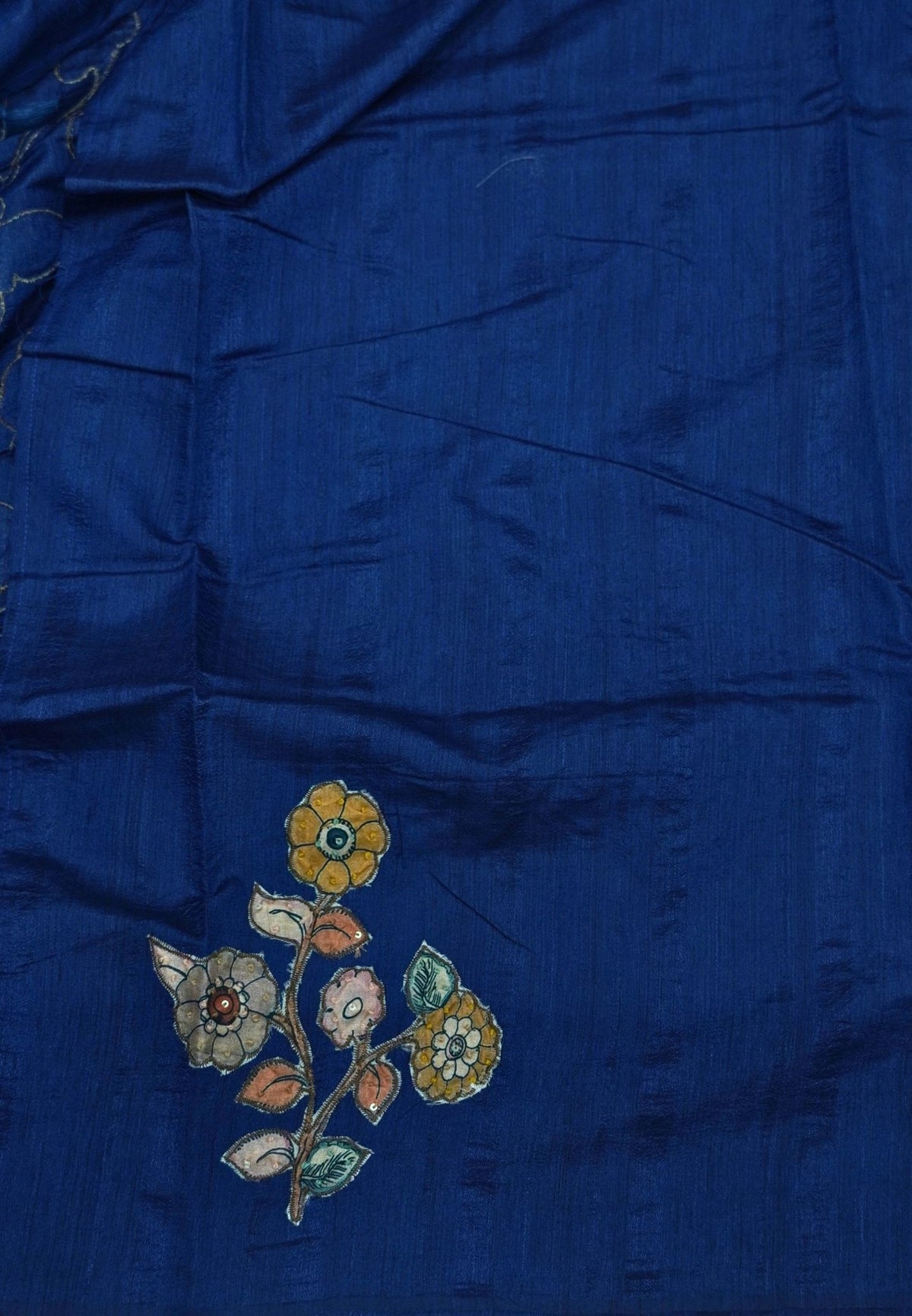 Semi Raw Silk Saree - Navy Blue With Floral Hand-Painted Designs