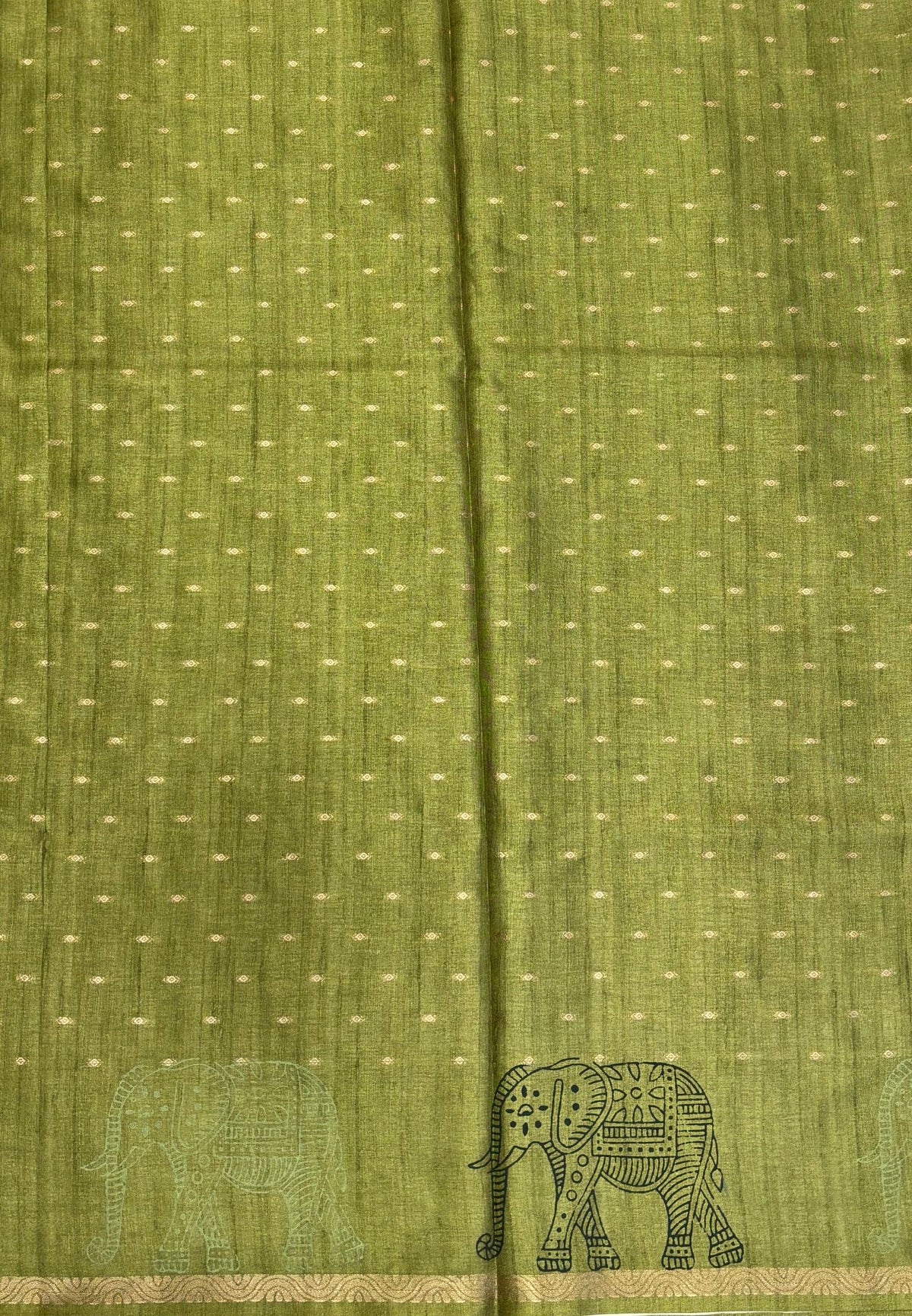 Semi Tussar Saree-Green in Traditional Elephant Motif Zari Border