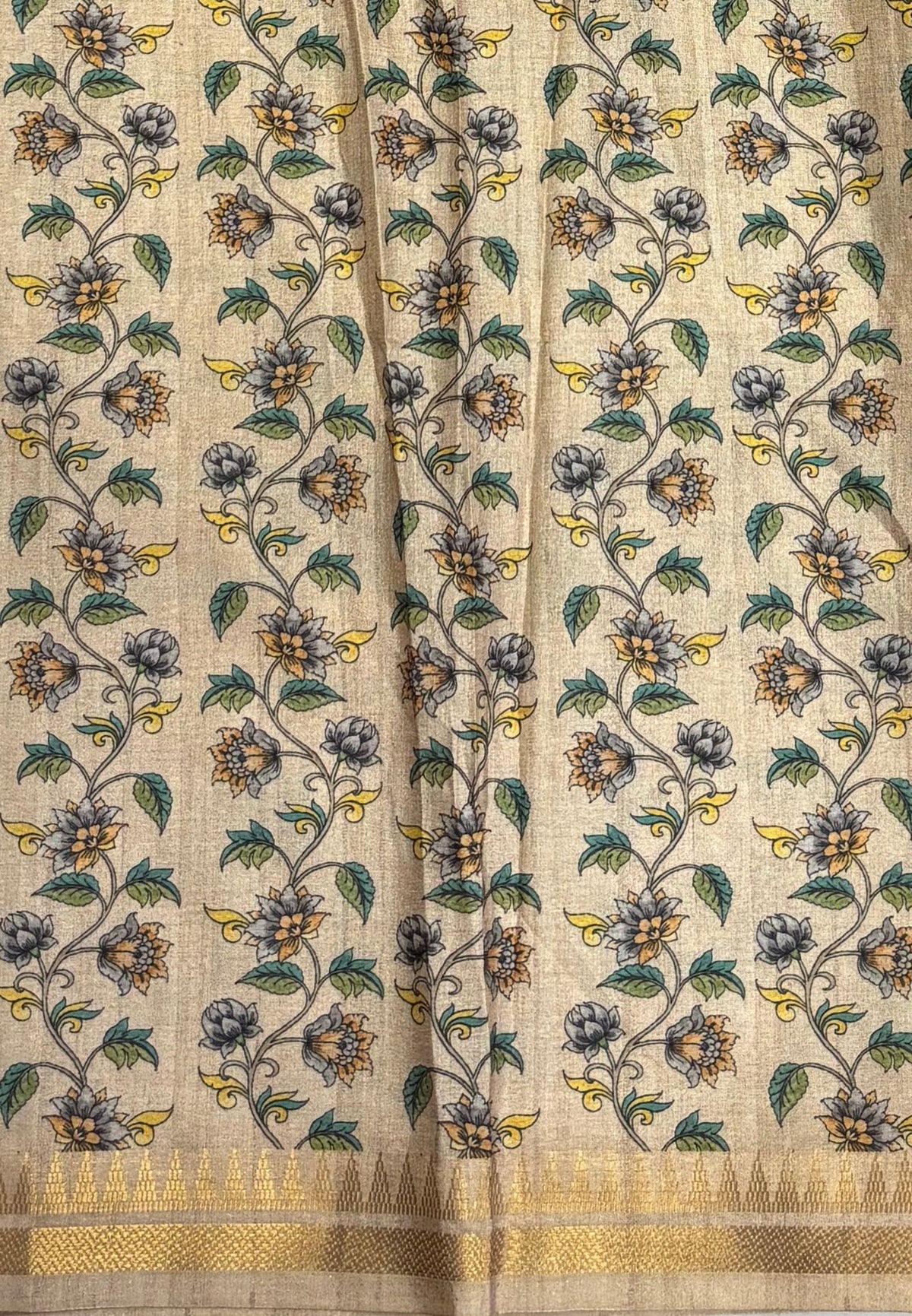 Semi Tussar Saree-Ramar Green in Mini Checks Floral Border