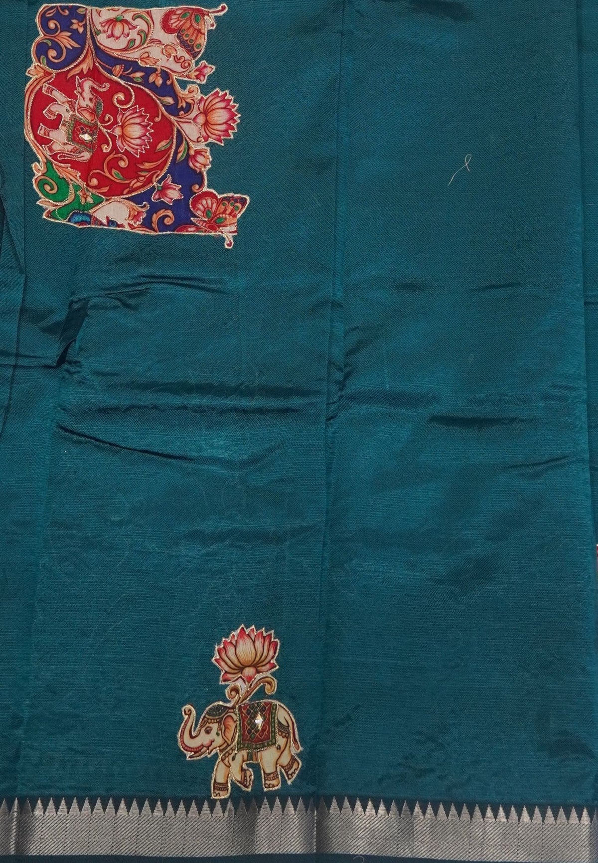 Pure Mangalgiri Silk Saree- Peacock Green with Appliqué Work