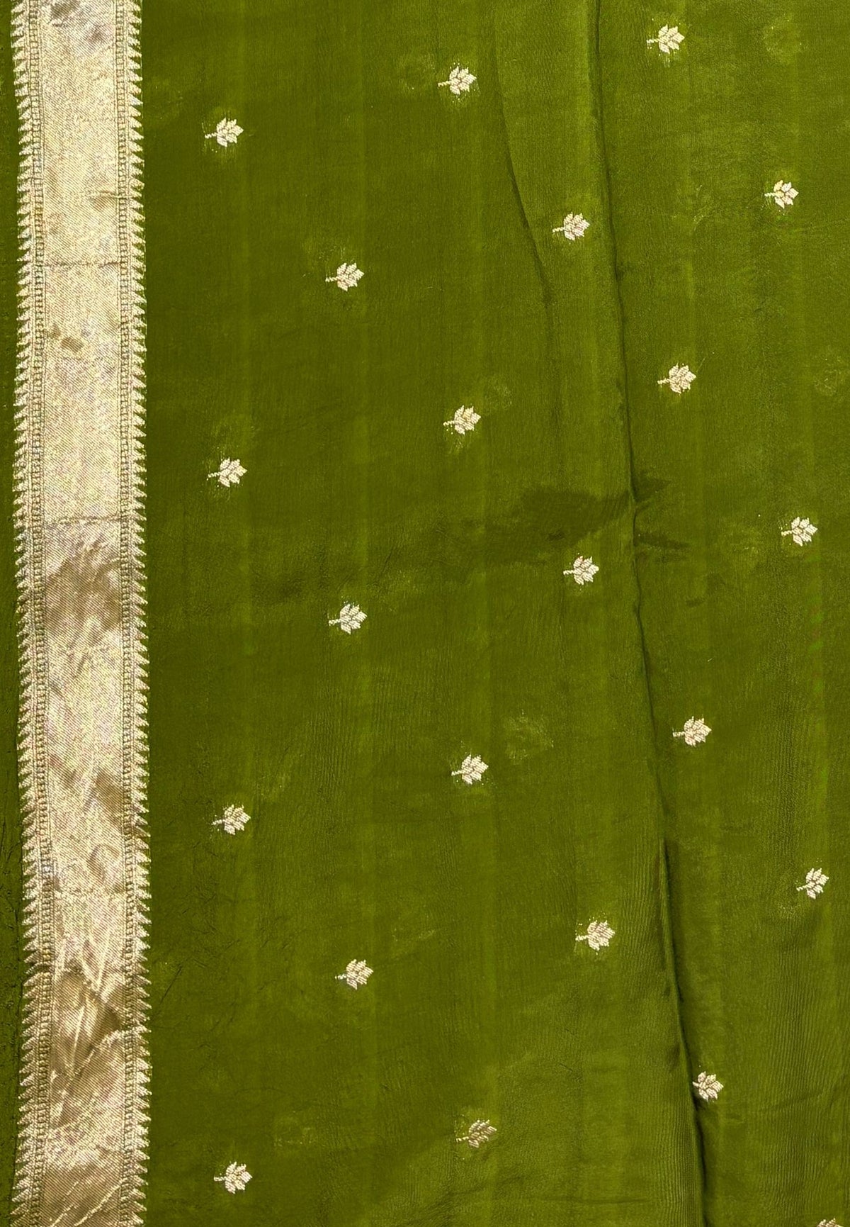 Satin Organza Saree-Olive Green In Paithani Floral Zari Border
