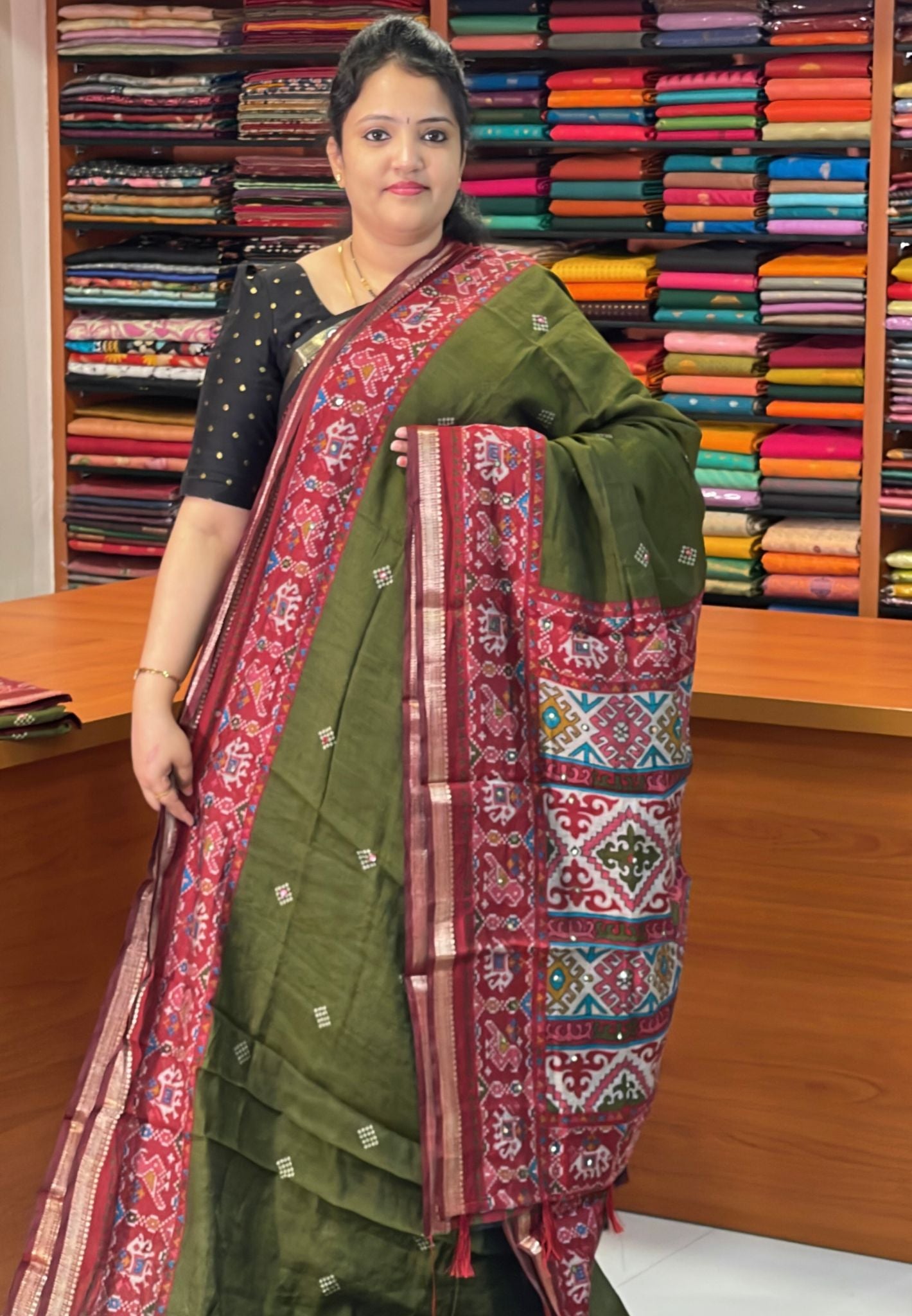 Malai Cotton Saree-Sage Green with Contrast Pattola Border and Mirror Work