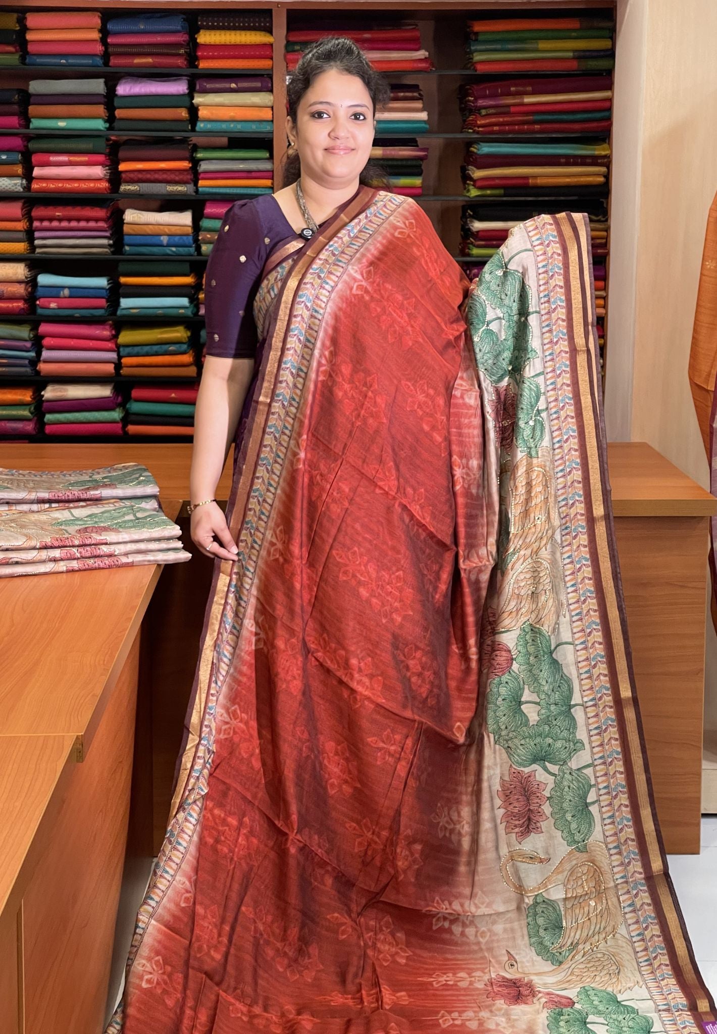 Malai cotton Saree-Red with Kutch Work