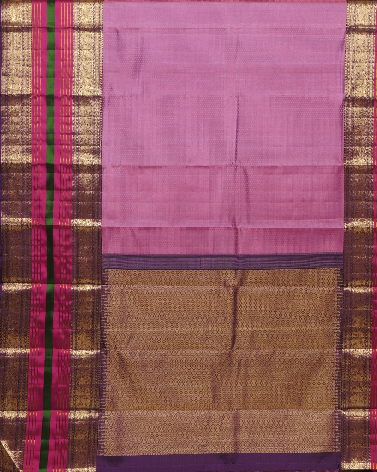 Pure Kanjivaram Saree Onion Purple Half Gold Silk Saree and Contrast Purple Rich Pallu With Long Annam Butta with Line Zari Boder
