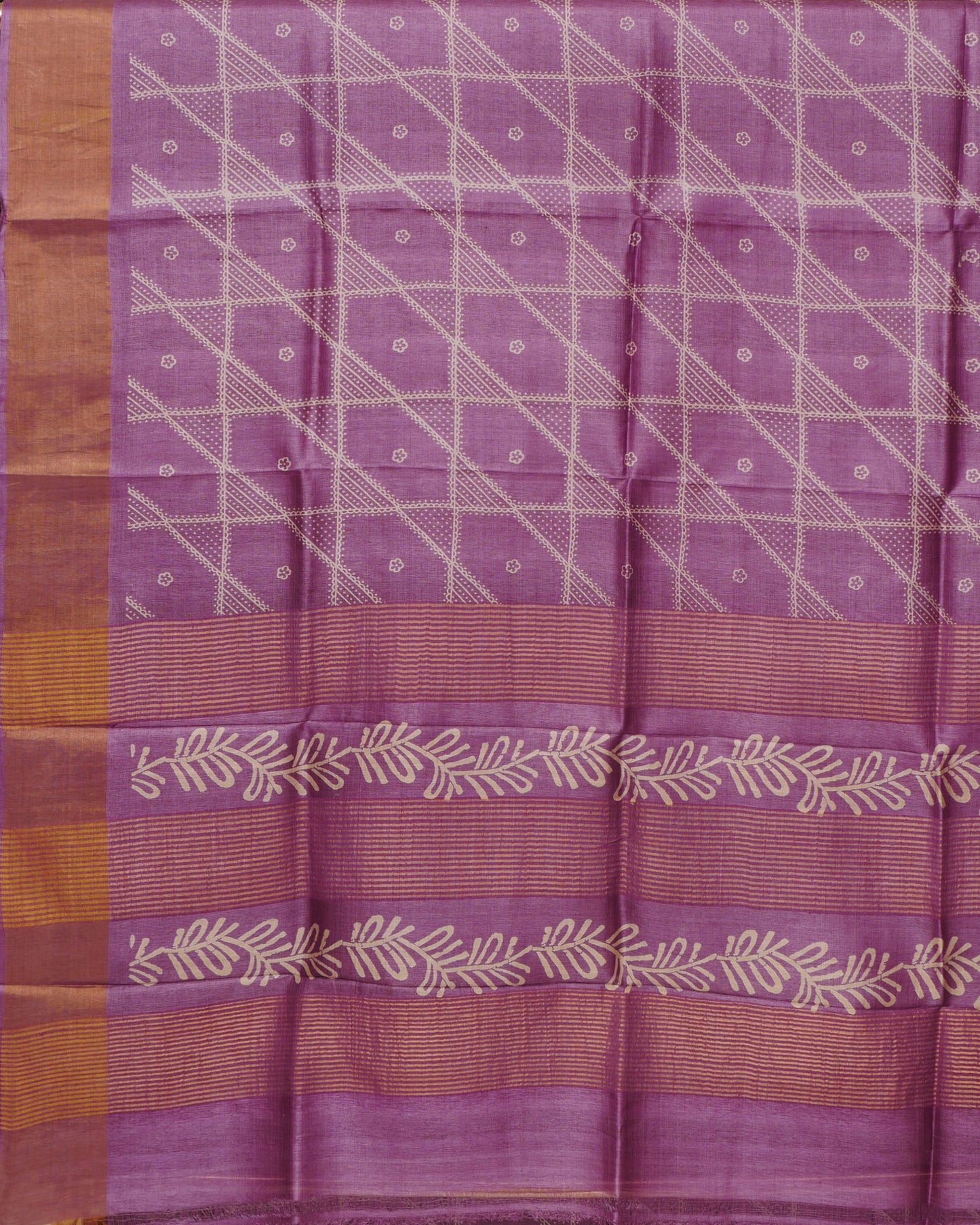 Pure Dark Lavendar Tussar Checked and Self Pallu with Tissue Border