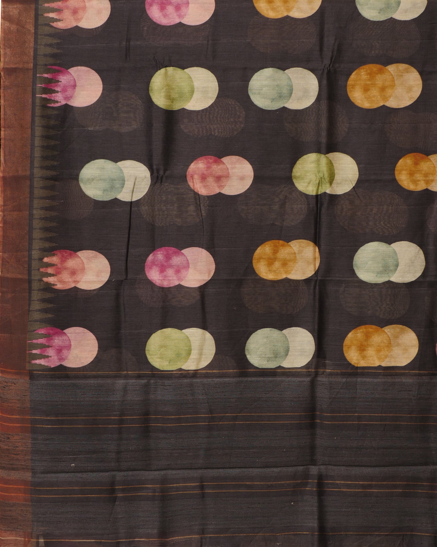 Pure Black Tussar Round Design & Self Pallu with Tissue temple Border
