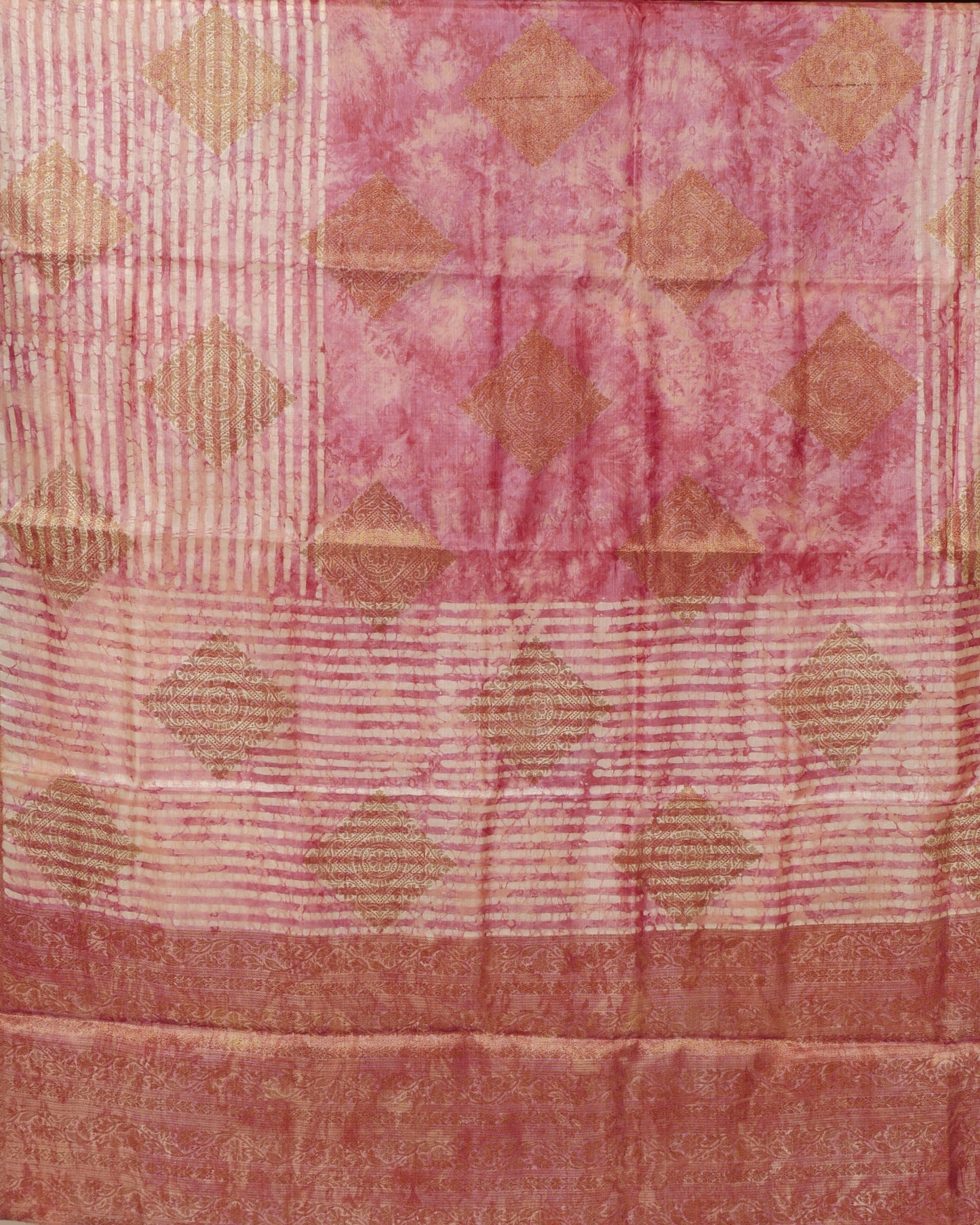 Pure Onion Pink Matka Tussar with Zari print and self Pallu with Small Zari Woven Border