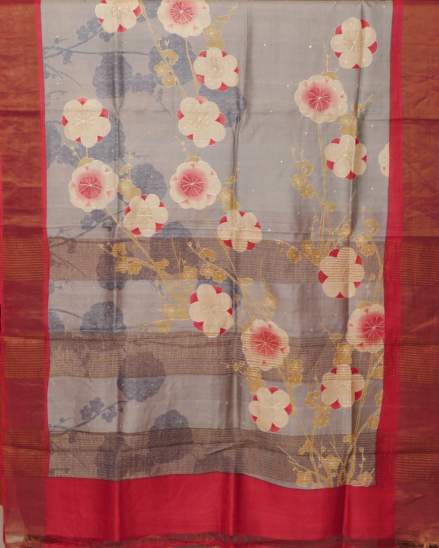 Pure Grey Tussar With Kutch Work Floral Print and Self Pallu with Tissue Border