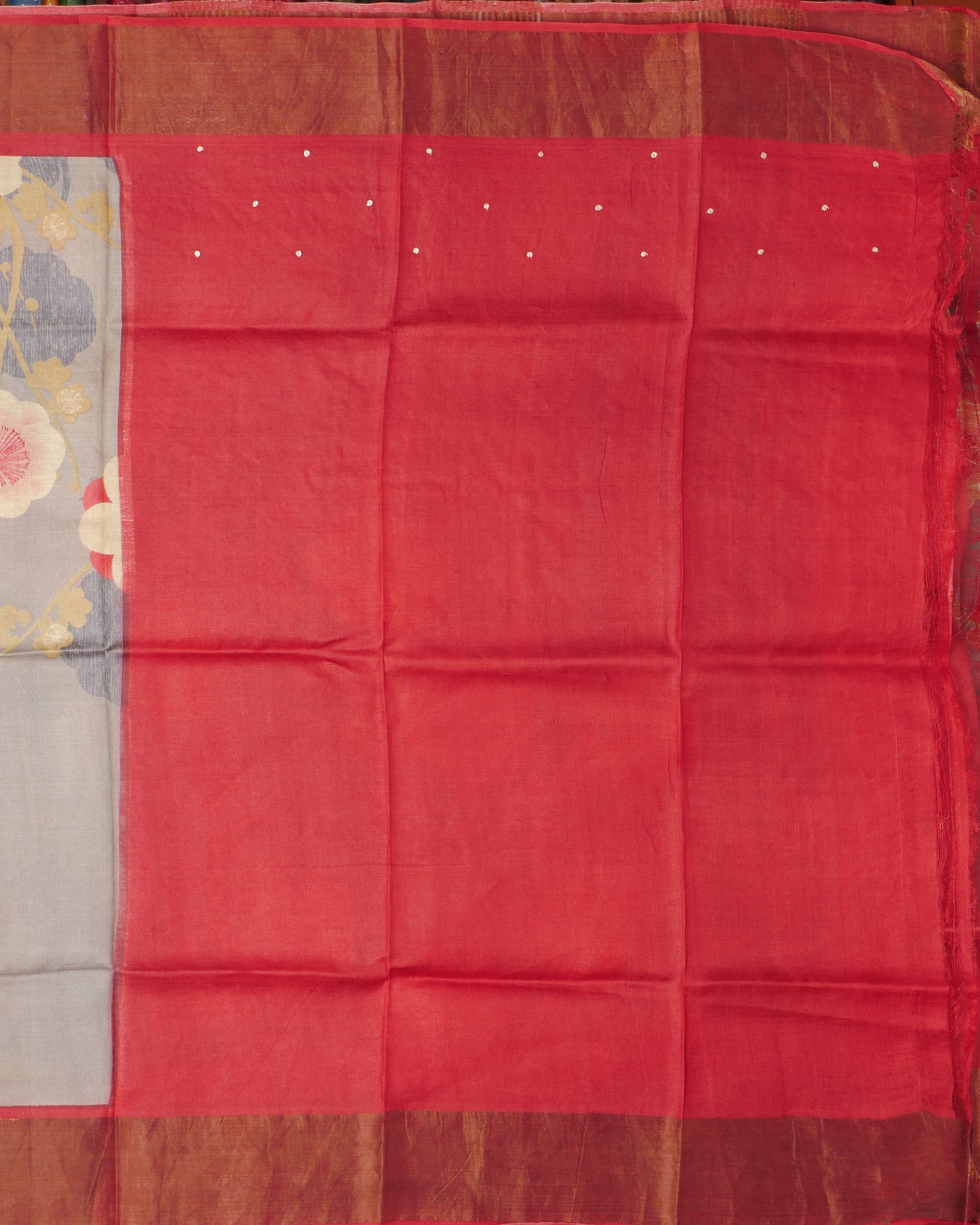 Pure Grey Tussar With Kutch Work Floral Print and Self Pallu with Tissue Border