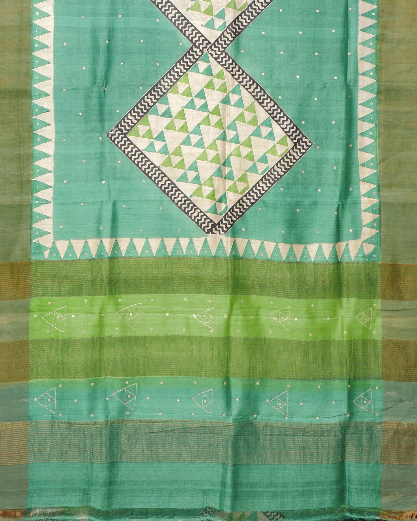 Pure Green Tussar Geomentrical Pattern With Kutch Work and Self Pallu with Tissue Border