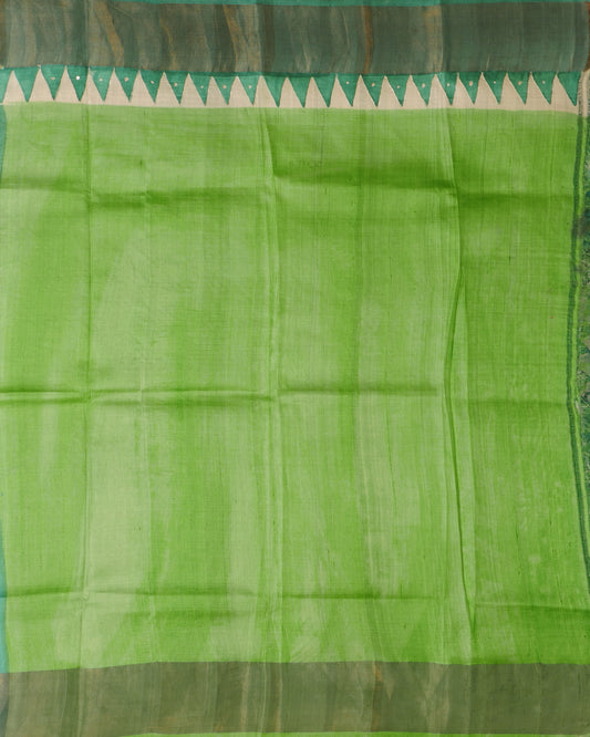 Pure Green Tussar Geomentrical Pattern With Kutch Work and Self Pallu with Tissue Border
