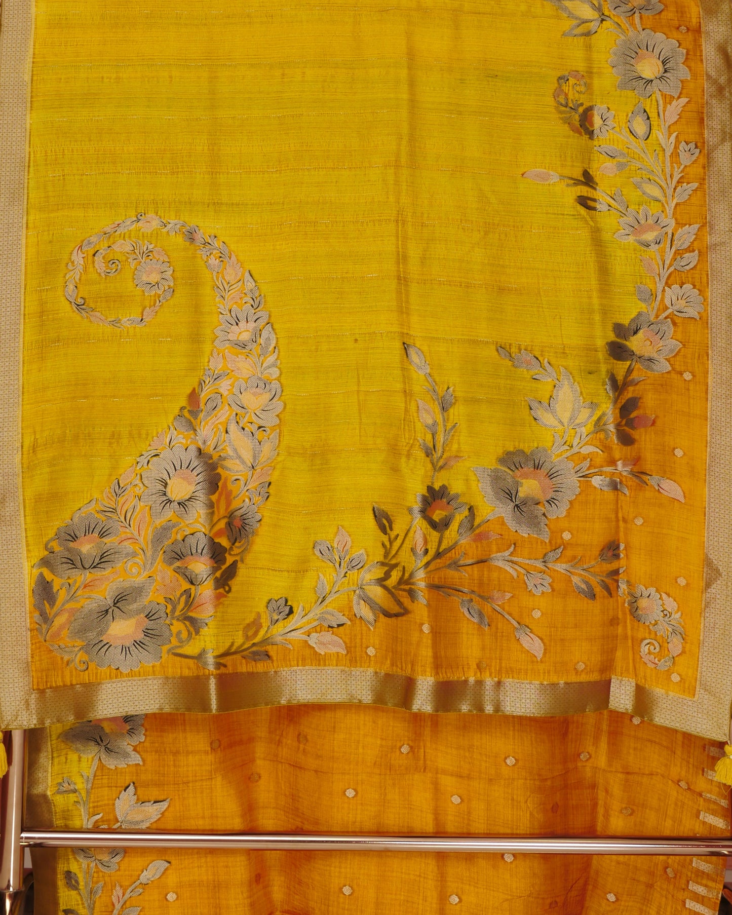 Pure Dual colour Mustard and Yellow Mix Rangkat Saree with Floral Print and Self Pallu With Small Zari Border