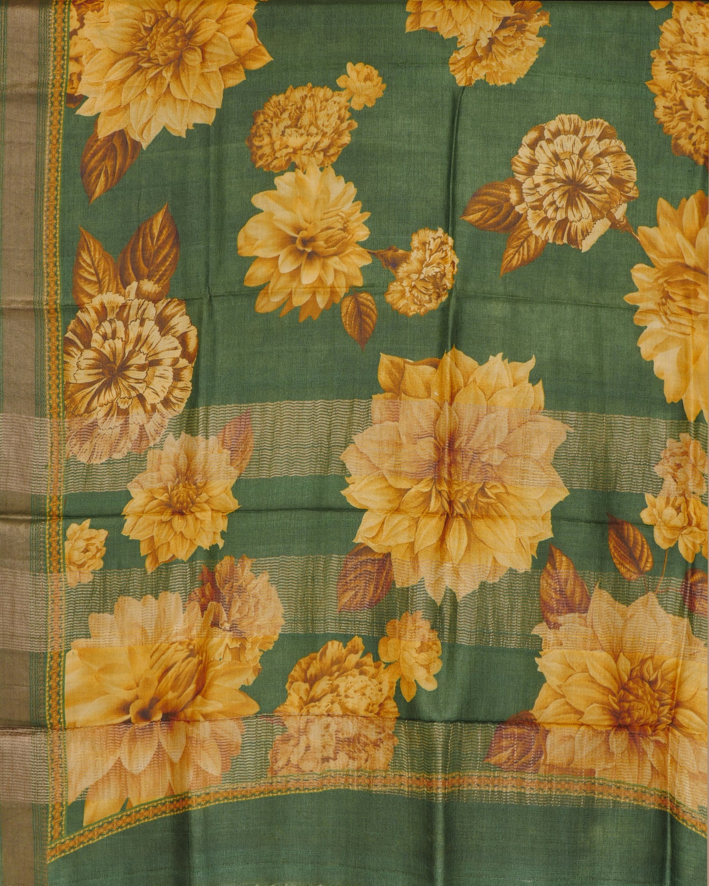 Pure Tussar Green Floral Print and Self Pallu with Zari Woven Border
