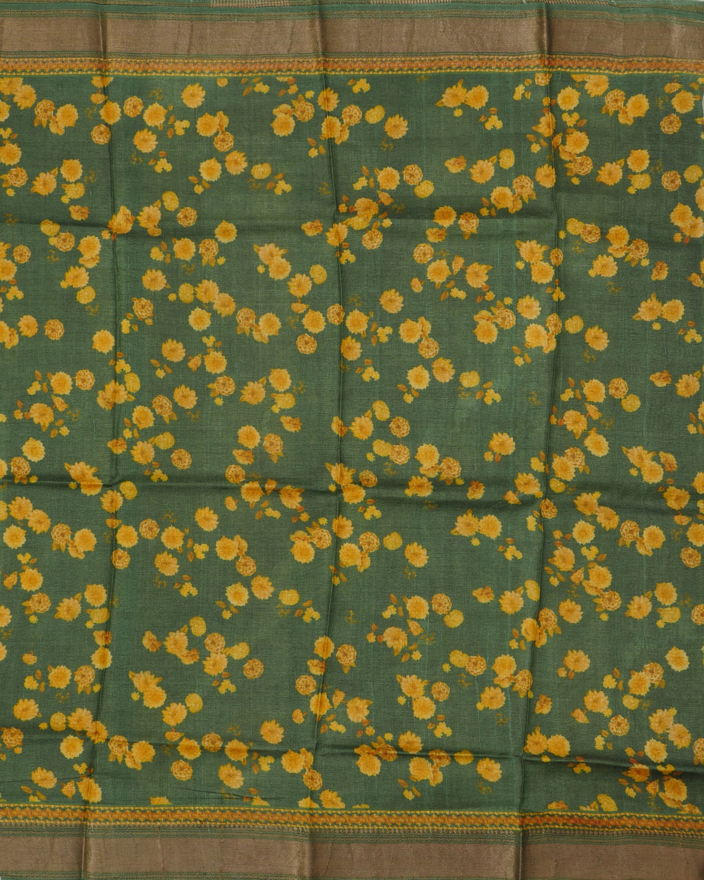 Pure Tussar Green Floral Print and Self Pallu with Zari Woven Border