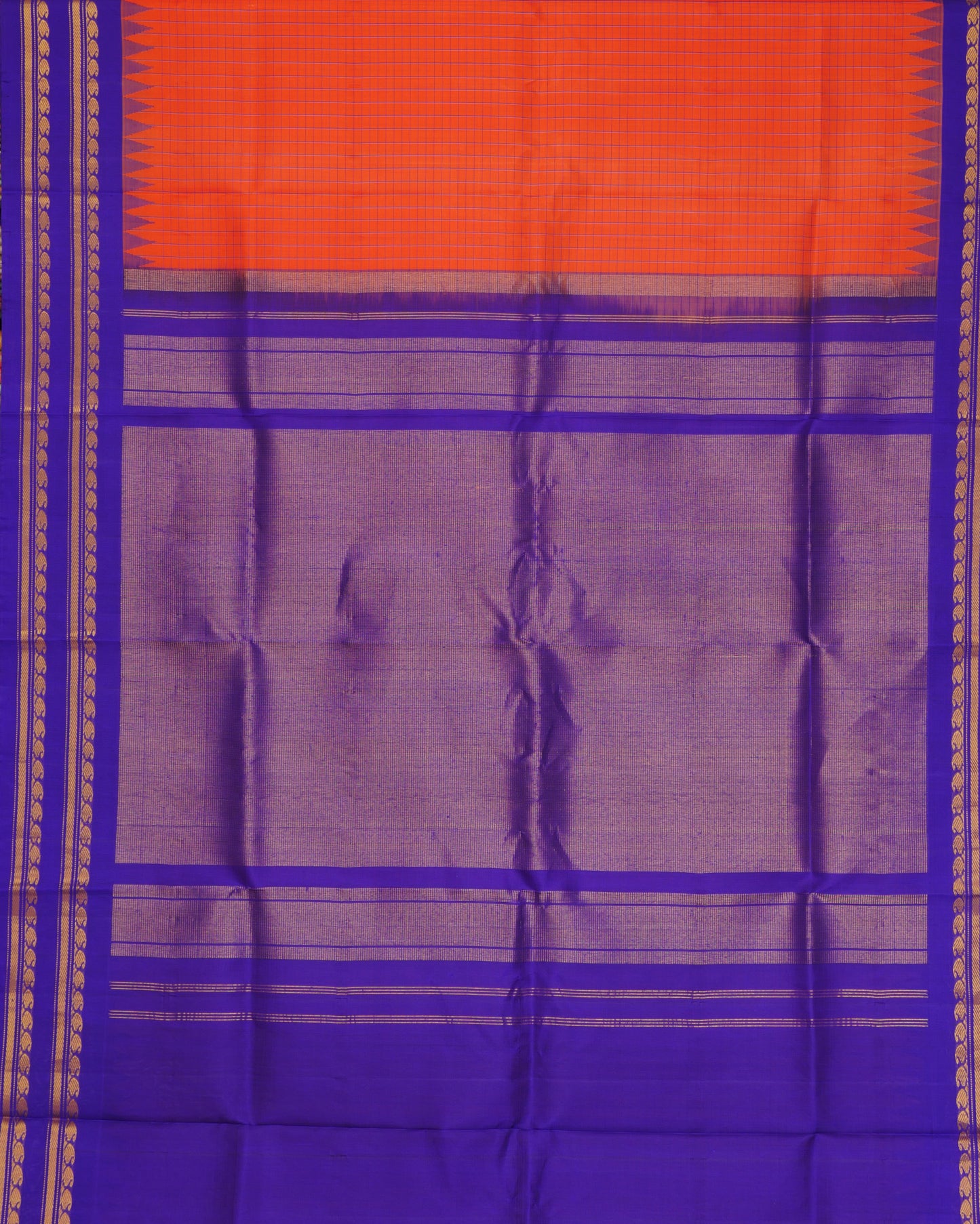 Pure Orange Gadwal Silk and Blue Pallu with Zari Woven Border