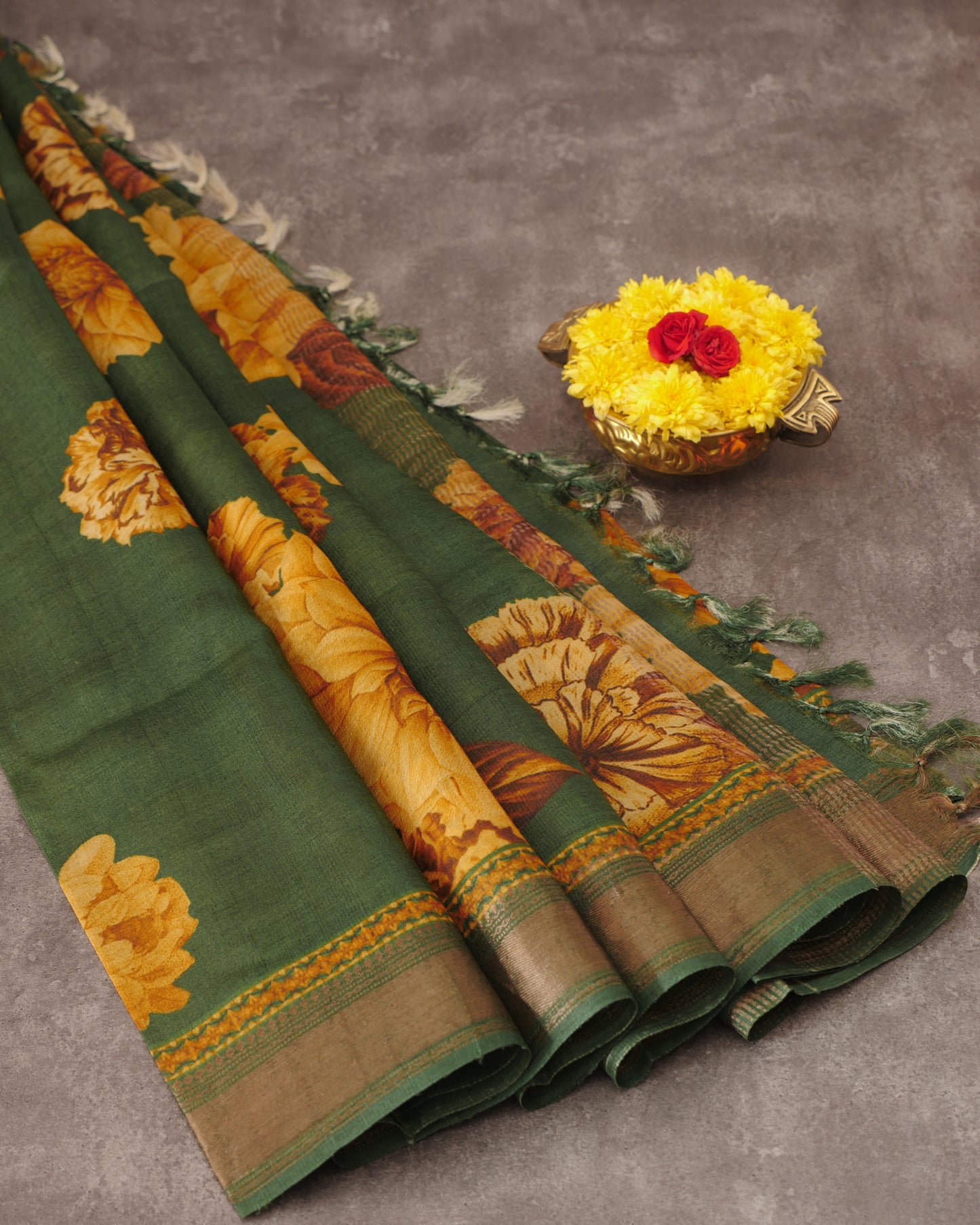 Pure Tussar Green Floral Print and Self Pallu with Zari Woven Border
