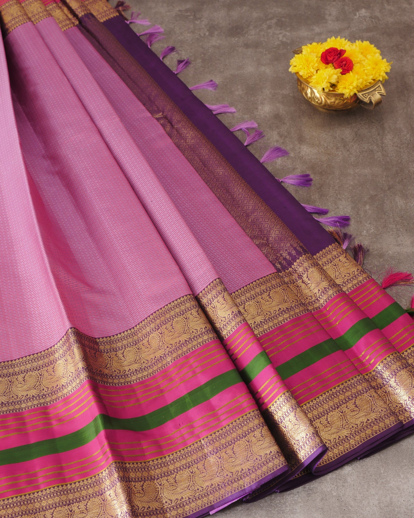 Pure Kanjivaram Saree Onion Purple Half Gold Silk Saree and Contrast Purple Rich Pallu With Long Annam Butta with Line Zari Boder
