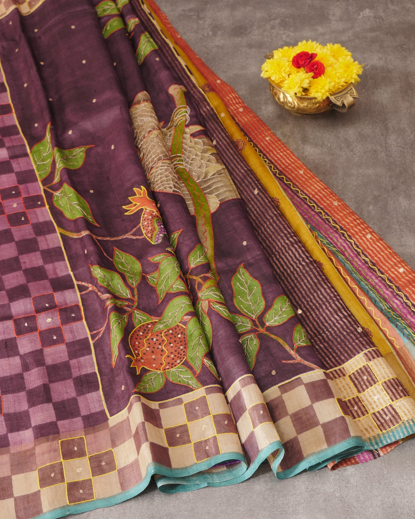 Pure Soft Tussar Floral Print and Self Pallu with Zari Butta Border