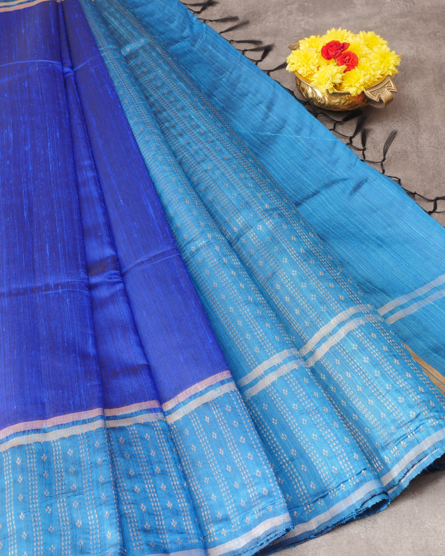 Pure Royal Blue Dupion Raw Silk and Contrast Ramar Blue Pallu with Big Butta Border
