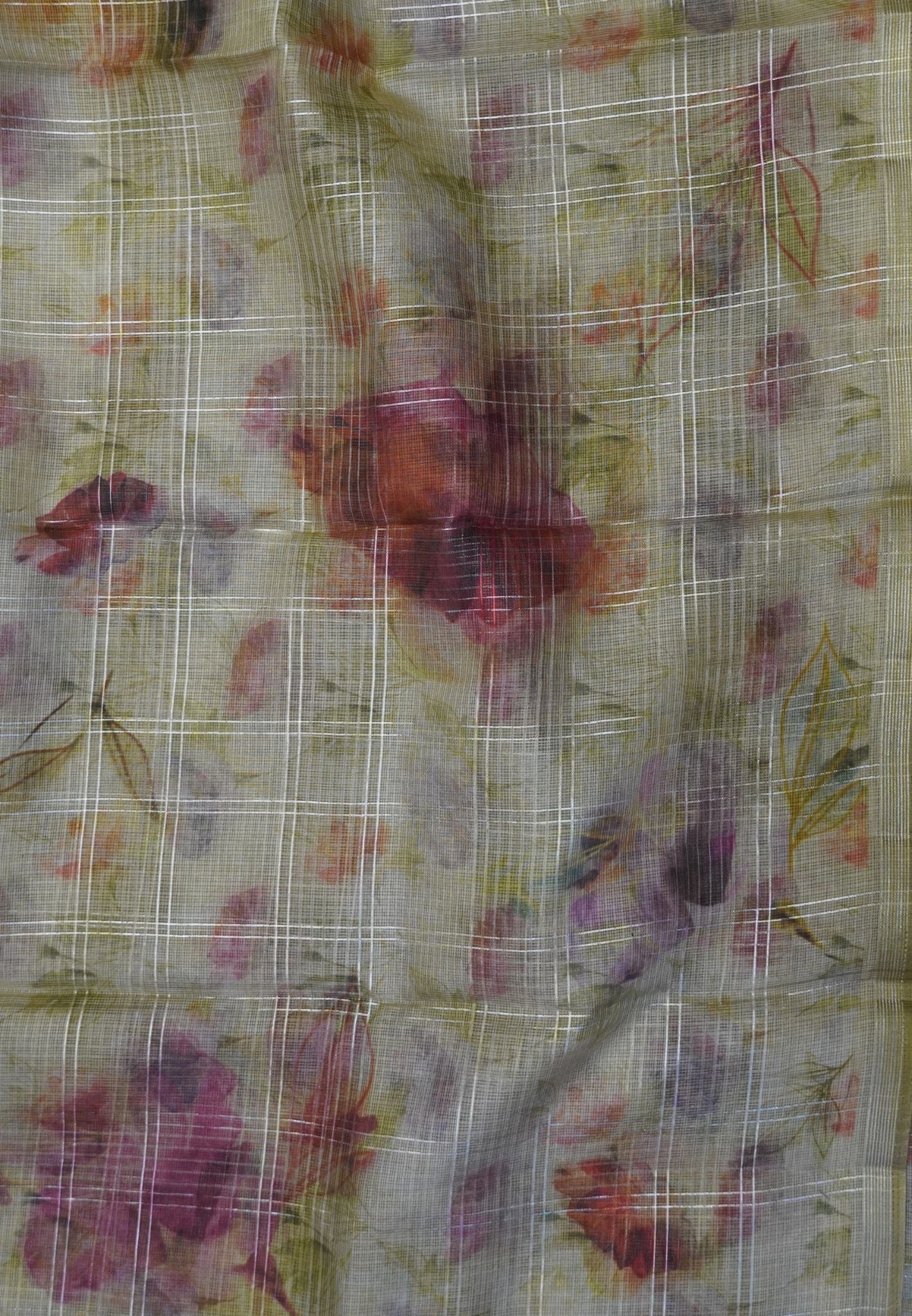 Linen Kota Saree - Light Green with Floral Prints