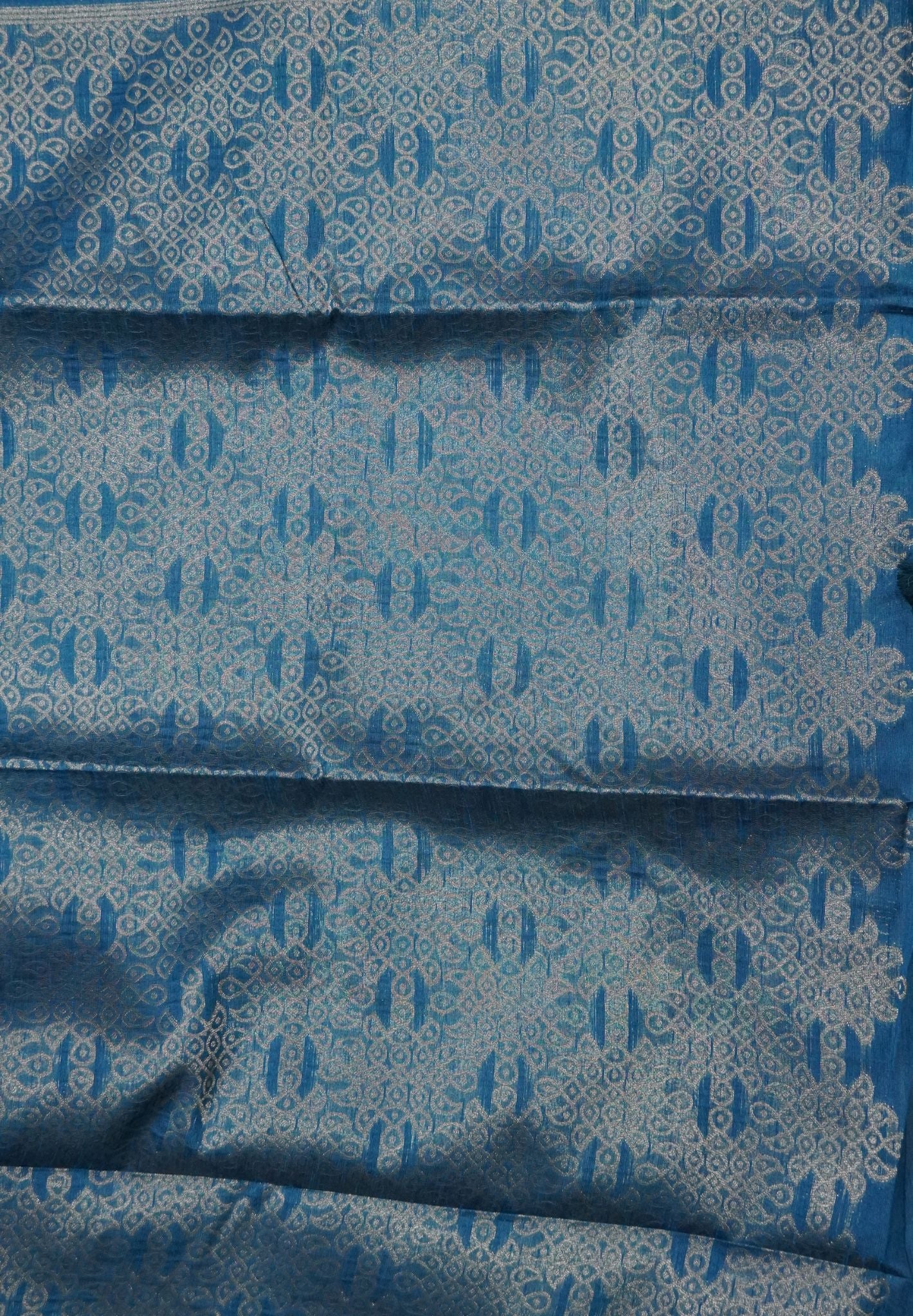 Semi Raw Silk Saree -Peacok Blue in Kolam Pattern