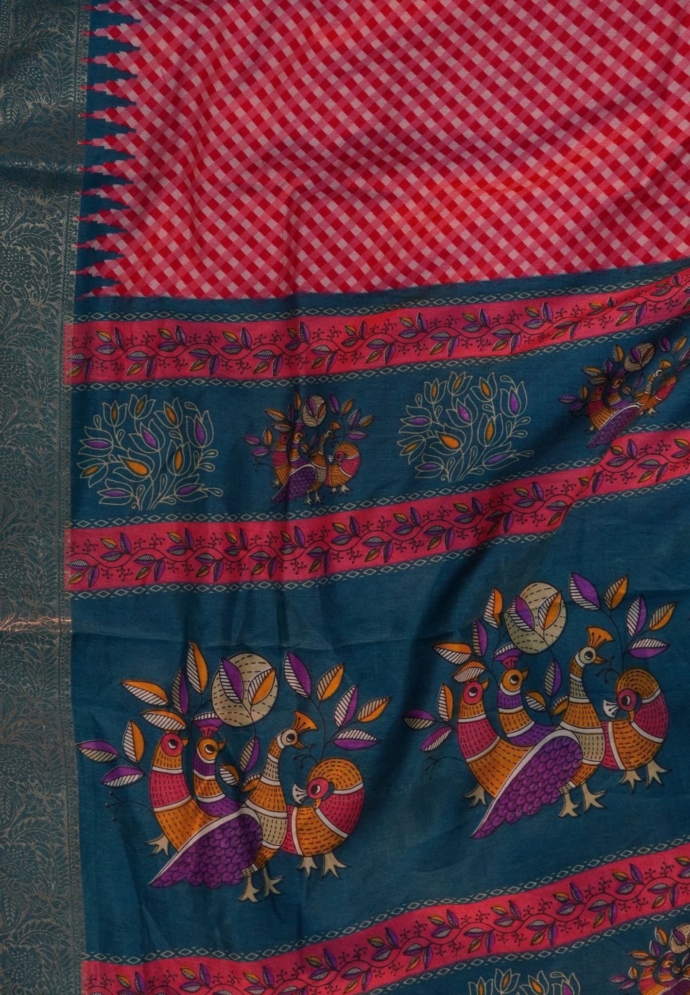 Semi Dola Saree-Pink in Checked Pattern