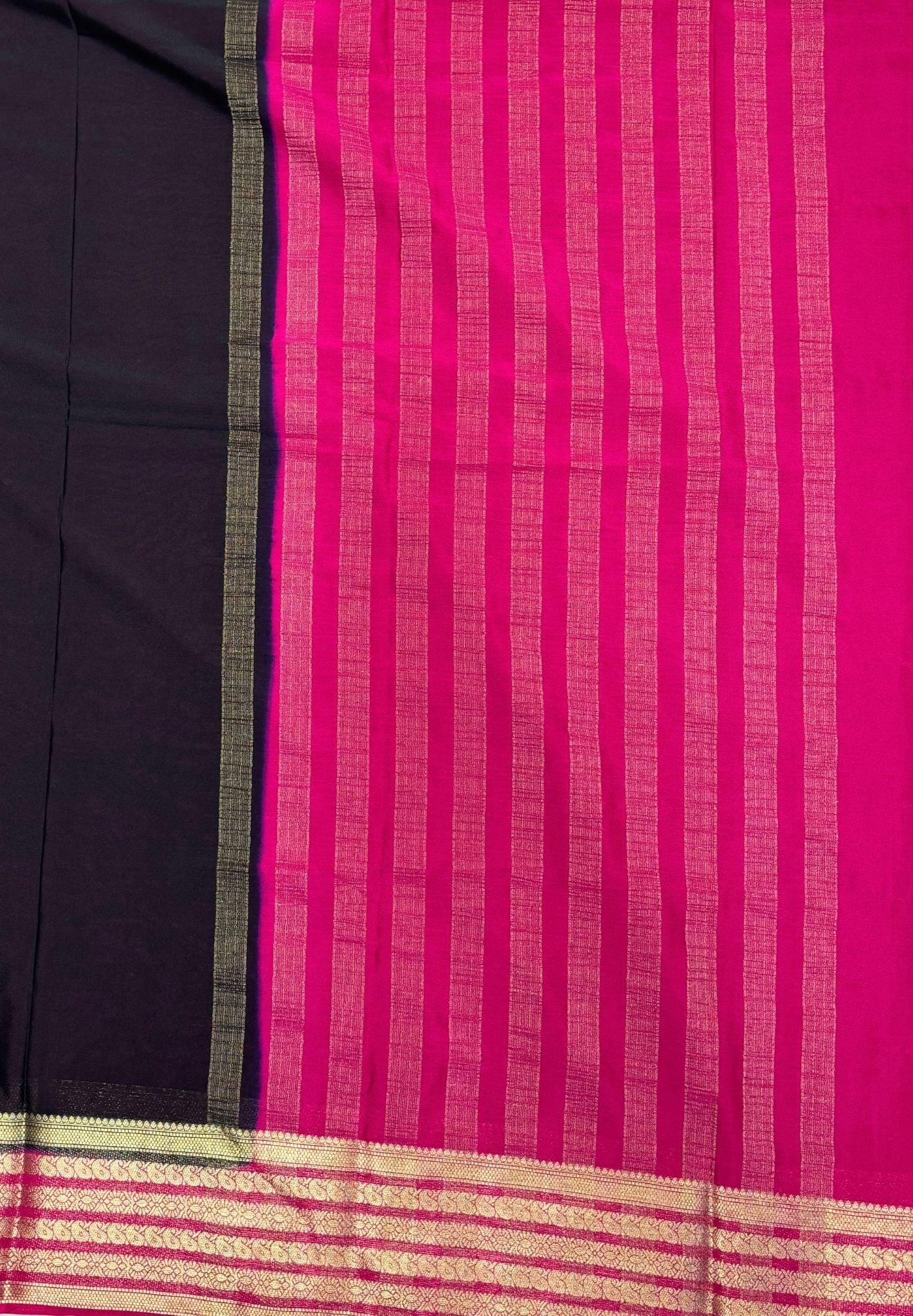 Mysore Crepe Silk Saree-Black-Pink With Contrast Border