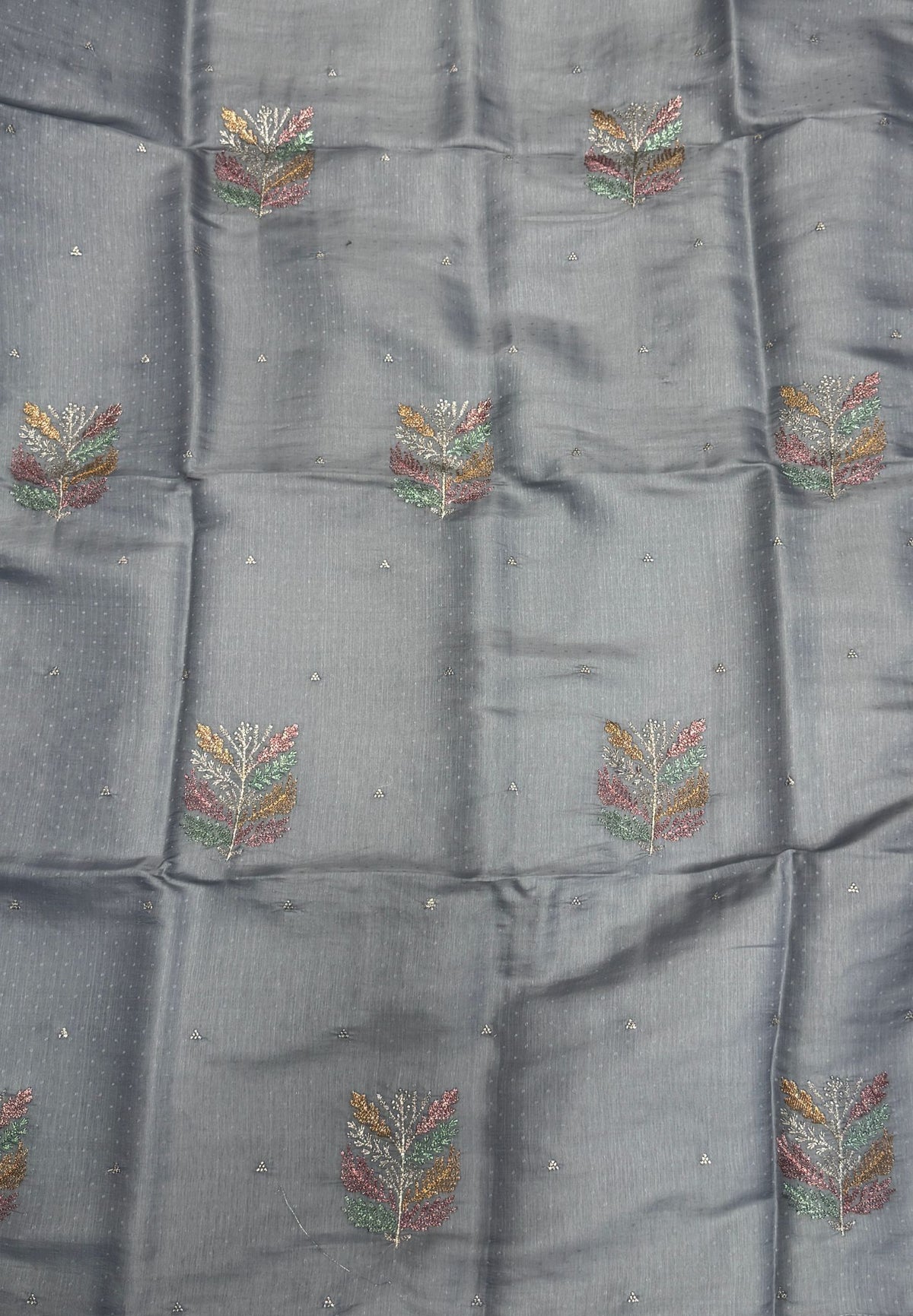 Blueberry Silk Saree-Muted in Leaf Butta Embroidery Border