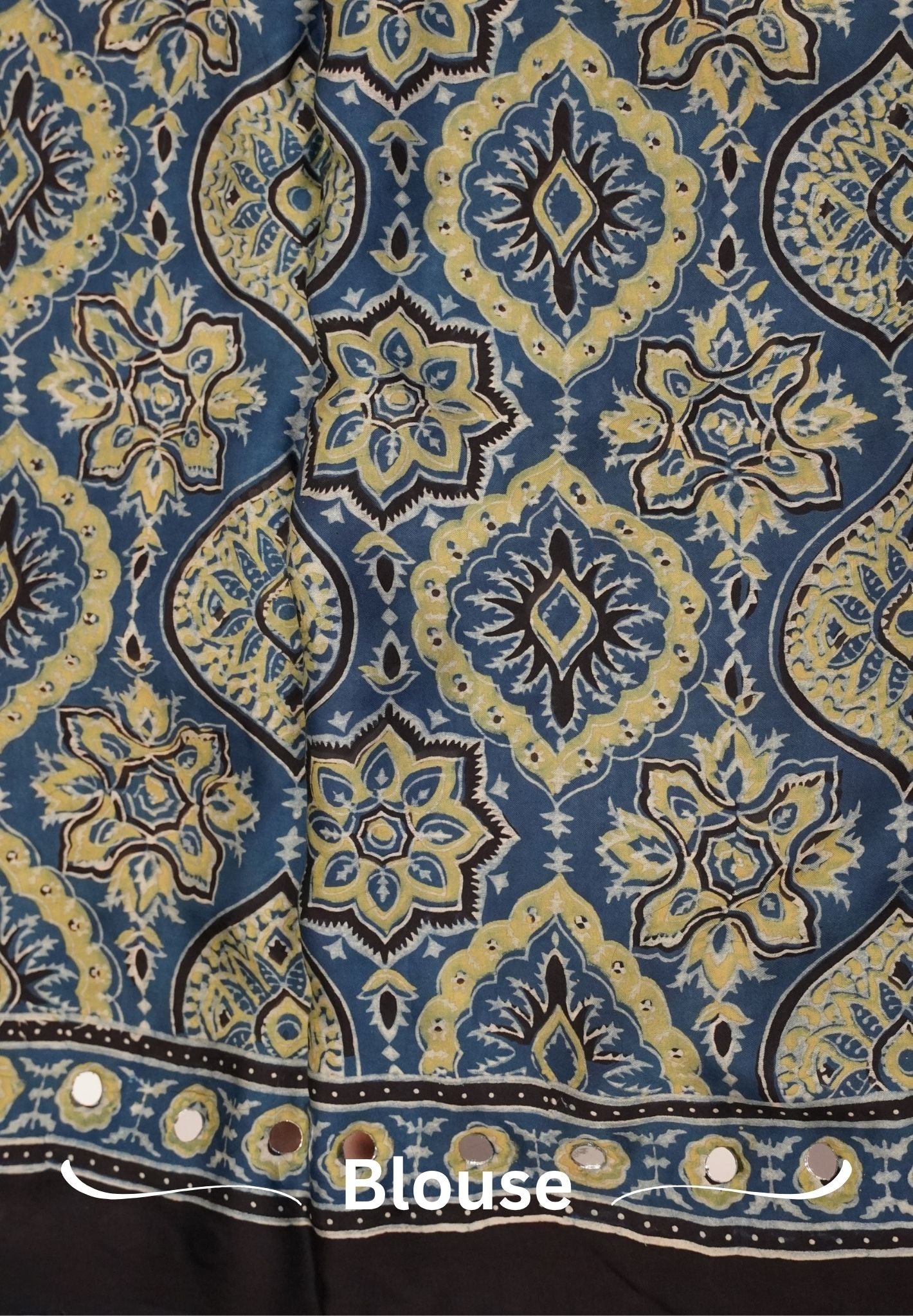 Pure Modal Silk Saree-Original Mirror Work &Traditional Printed Motifs - Black with Ramar Blue