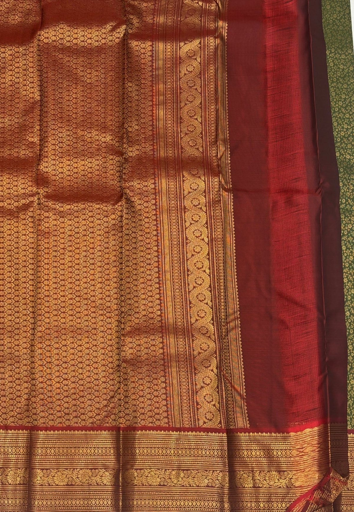 Pure Kanchipuram Silk Saree-Olive Green with Contrast Border