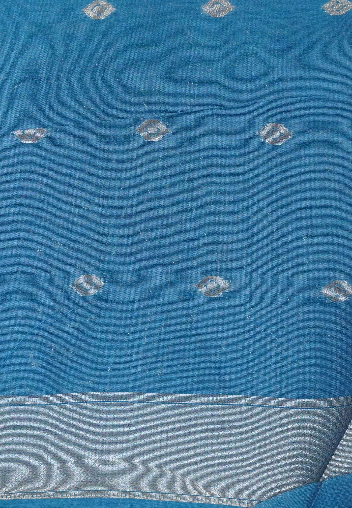 Semi Raw Silk Saree -Peacok Blue in Kolam Pattern