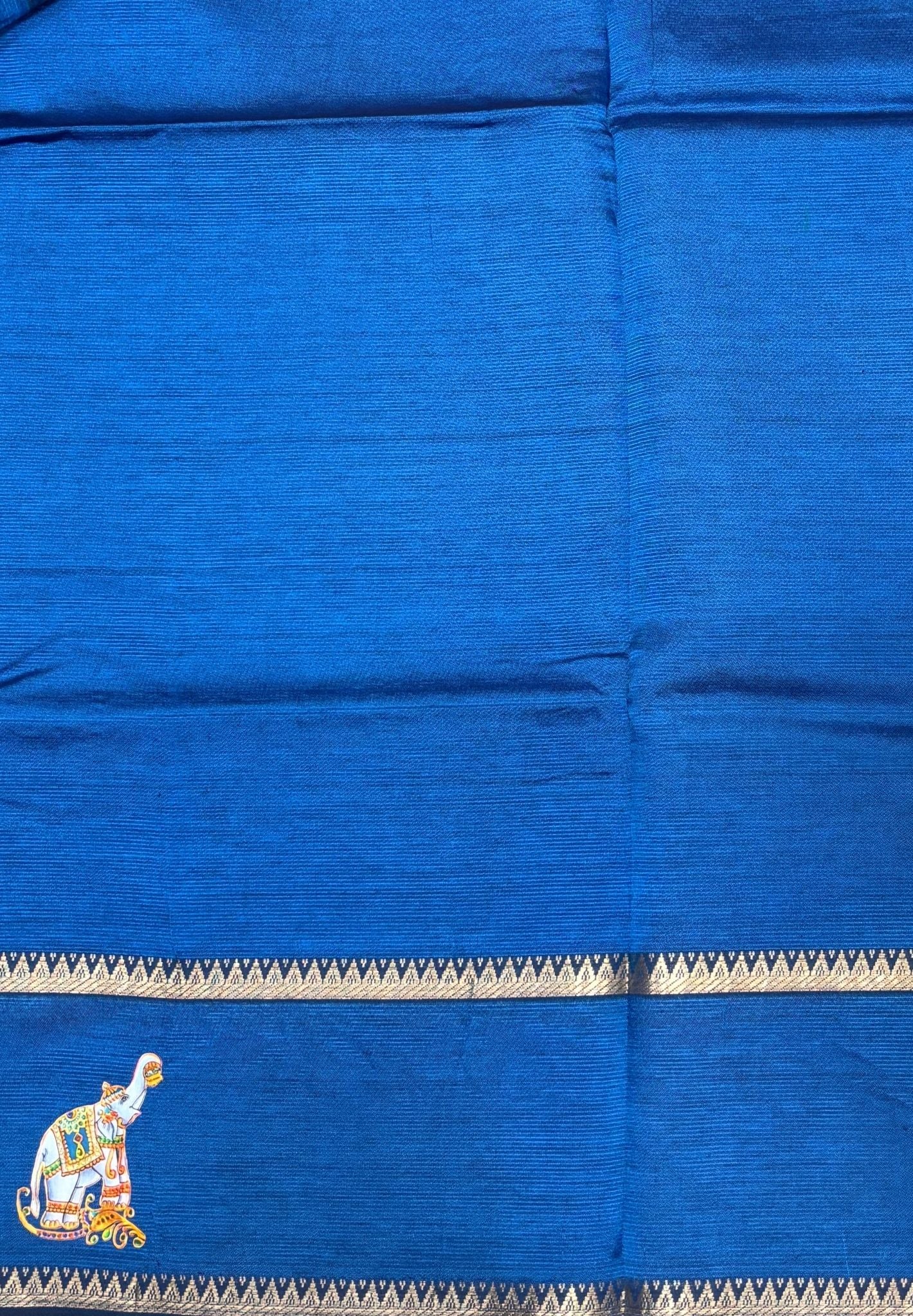 Pure Mangalgiri Silk Saree-Peacock Blue with Tanjore Print