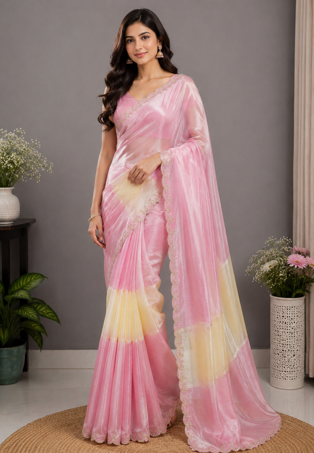 Designer Saree-Pink&White Duo Tone Encrusted with Scalloped Stone Work