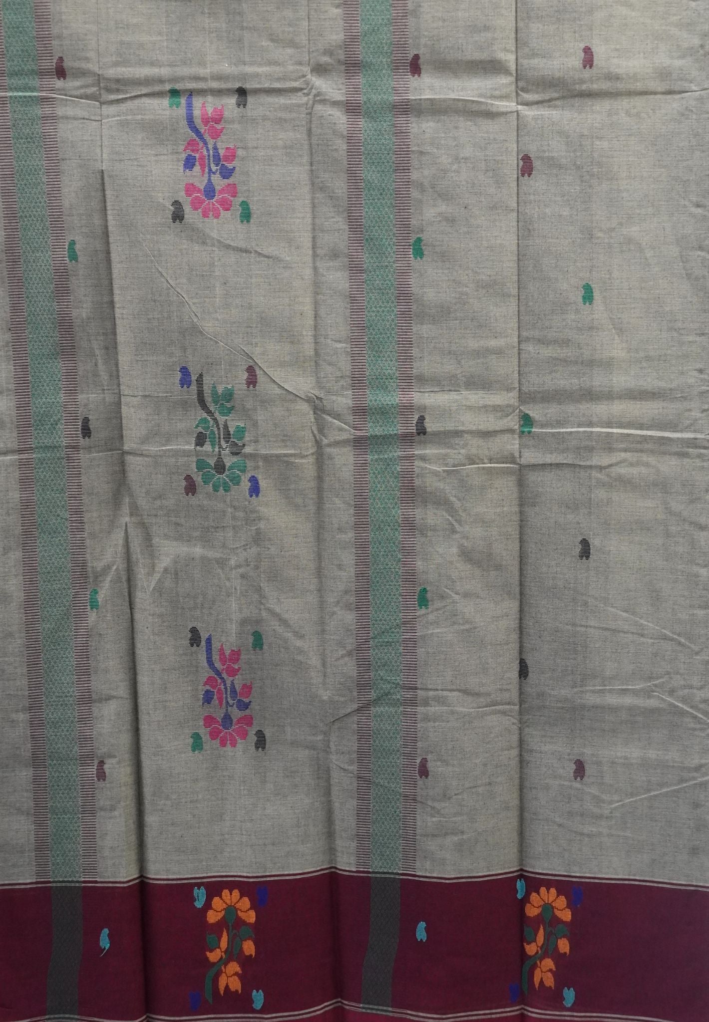 Chettinad Cotton Saree-Grey With Floral Bouquet Border