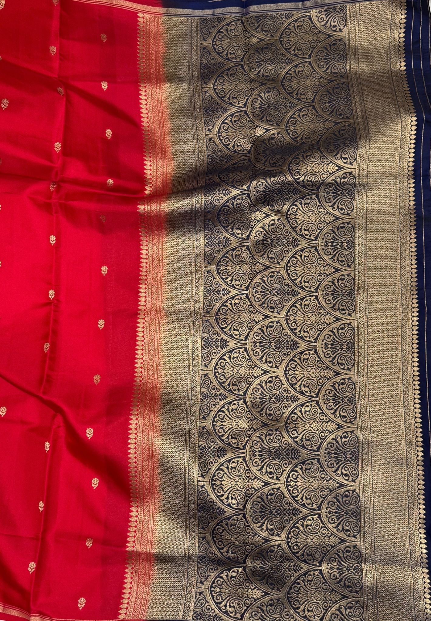 Gaji Silk Saree-Chilli Red In Paisley Jaal Zari Border
