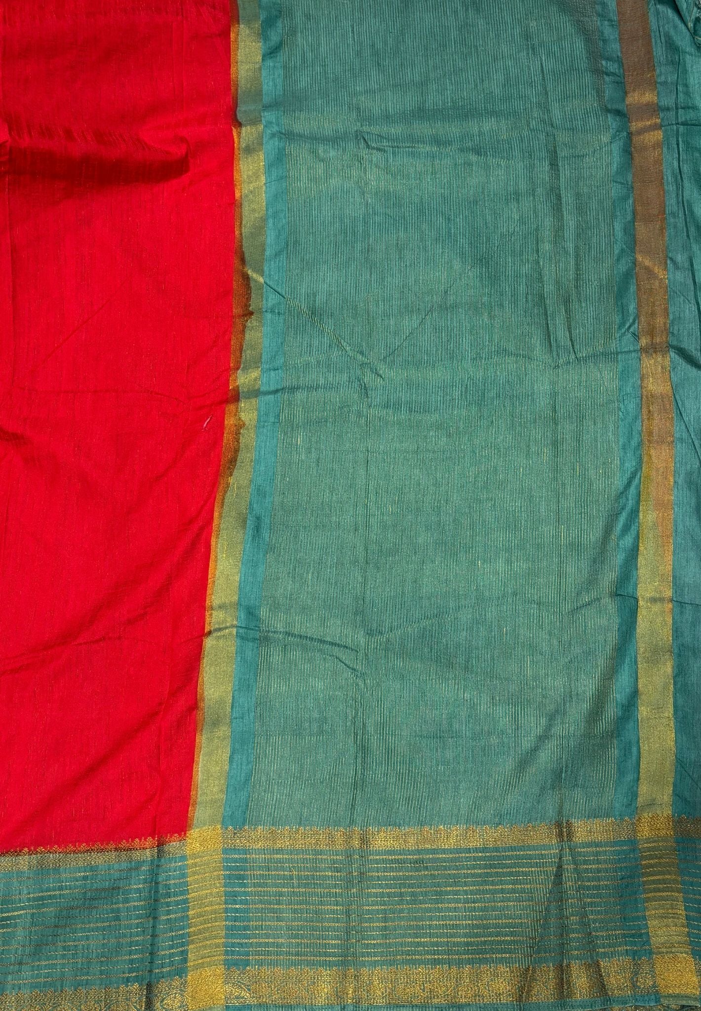 Raw Silk Saree-Red With Contrast Border