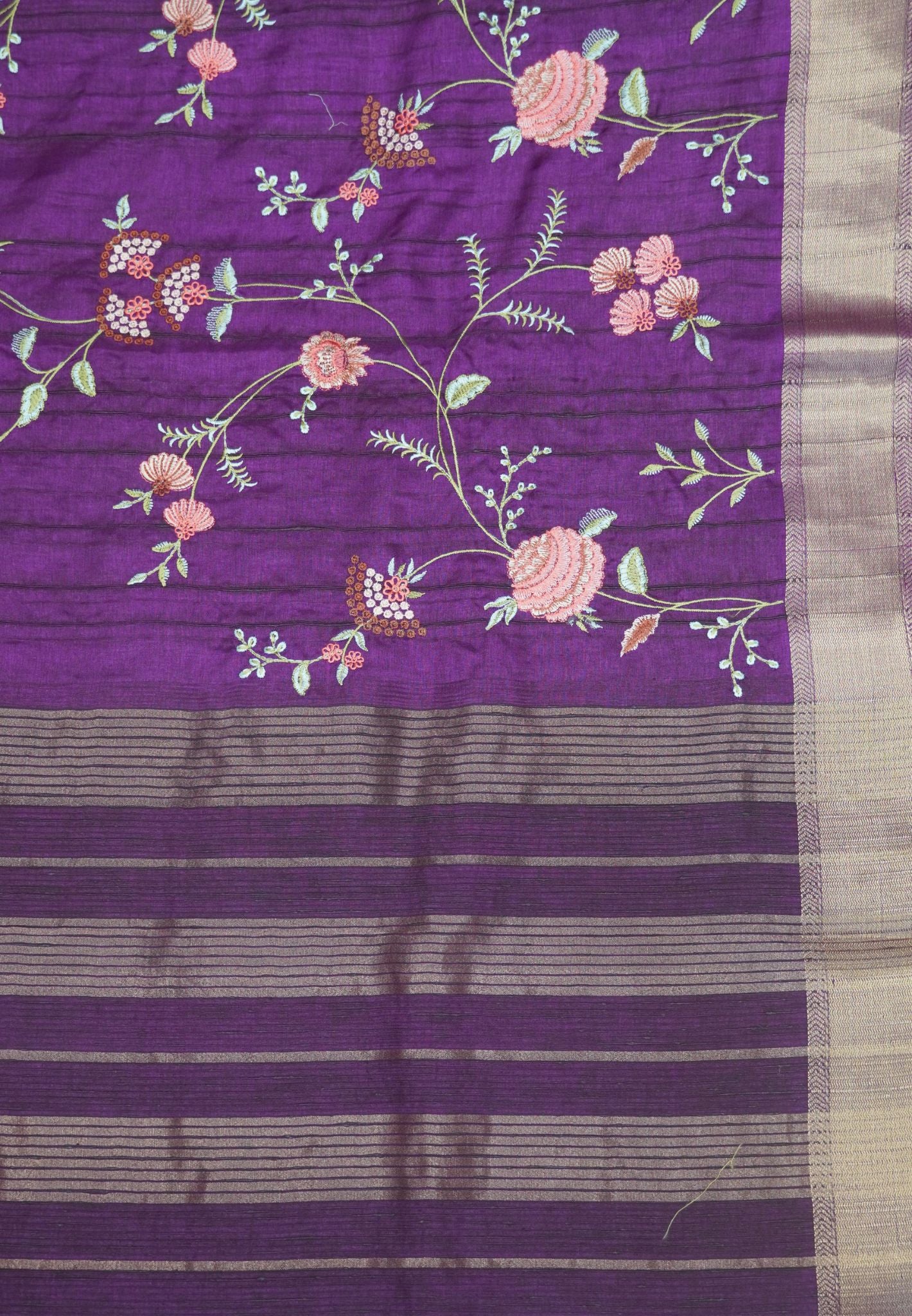 Soft Tussar Saree-Wine with Floral Embroidery Work