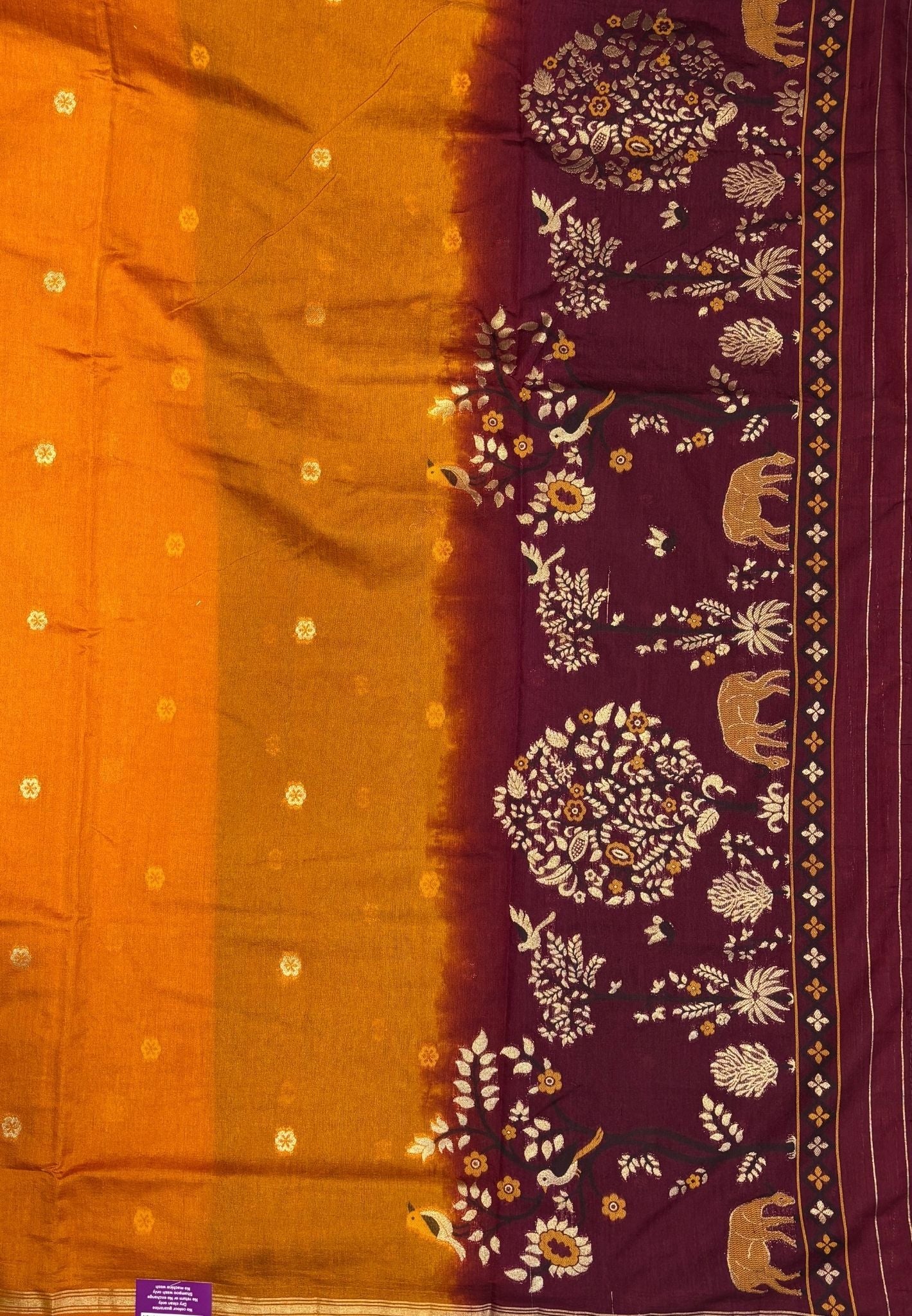 Gaji Silk Saree-Mustard In Warli Tree & Elephant With Contrast Border