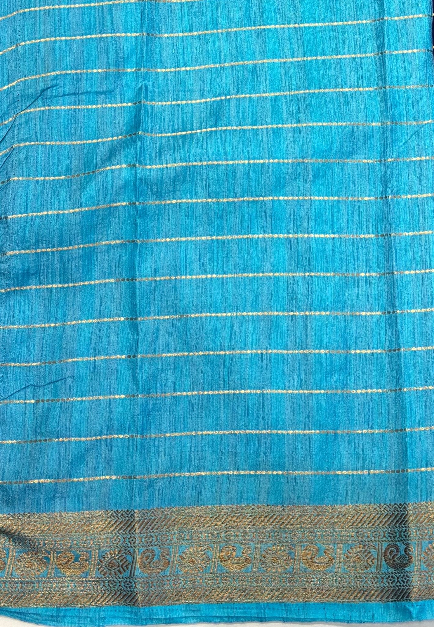 Semi Raw Silk Saree-Navy Blue in Zari Lines with Contrast Annam Border