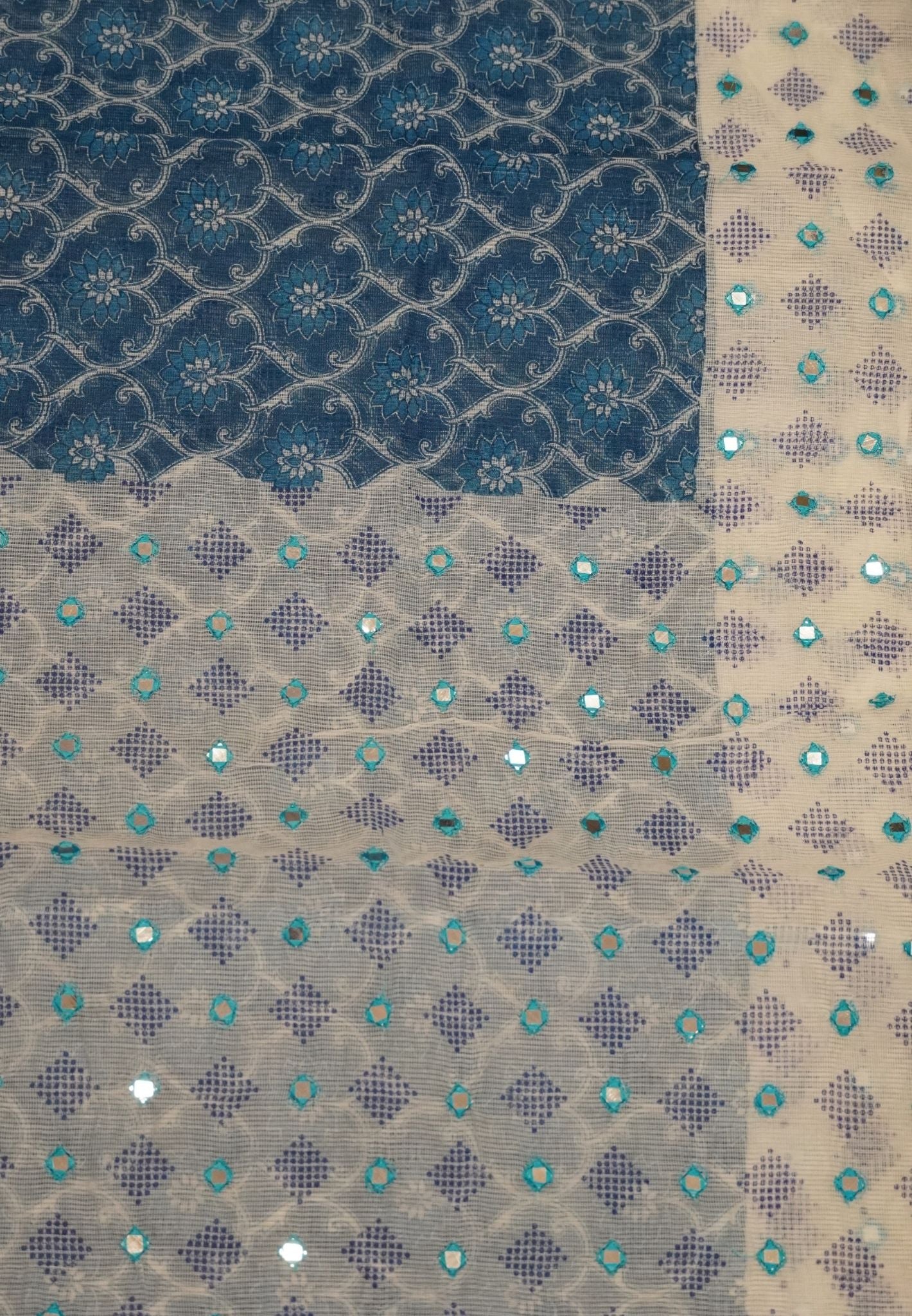 Supernet Kota Cotton Saree-Blue with Mirror Work