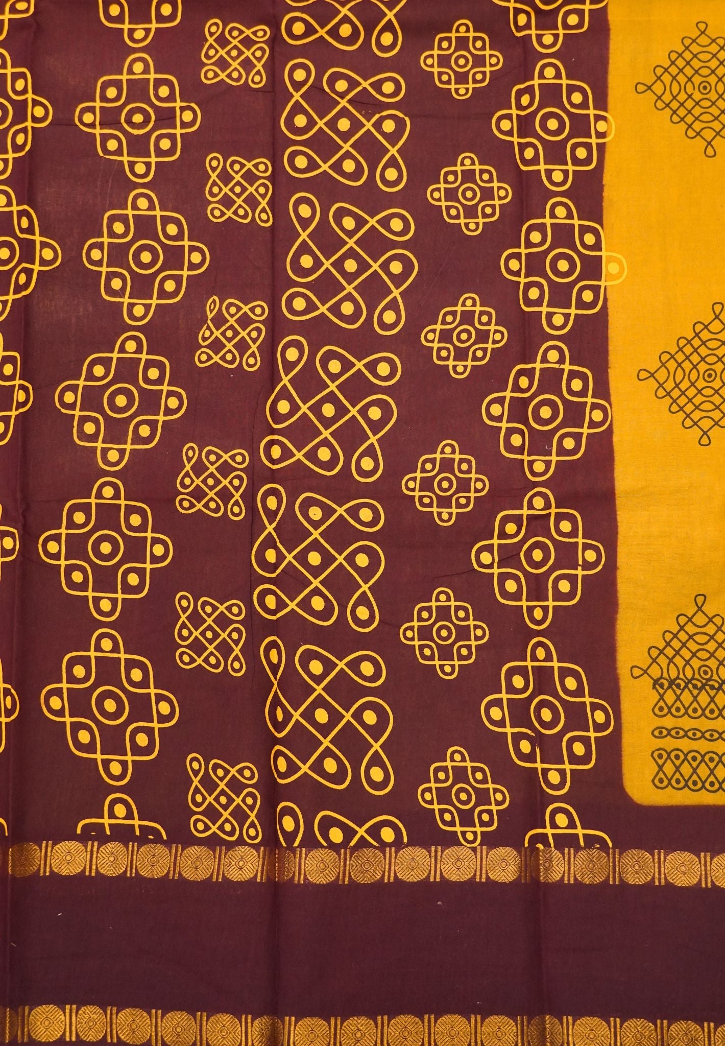 Sungudi Cotton Saree-Mustard with Contrast Retapet Border in Kolam Pattern
