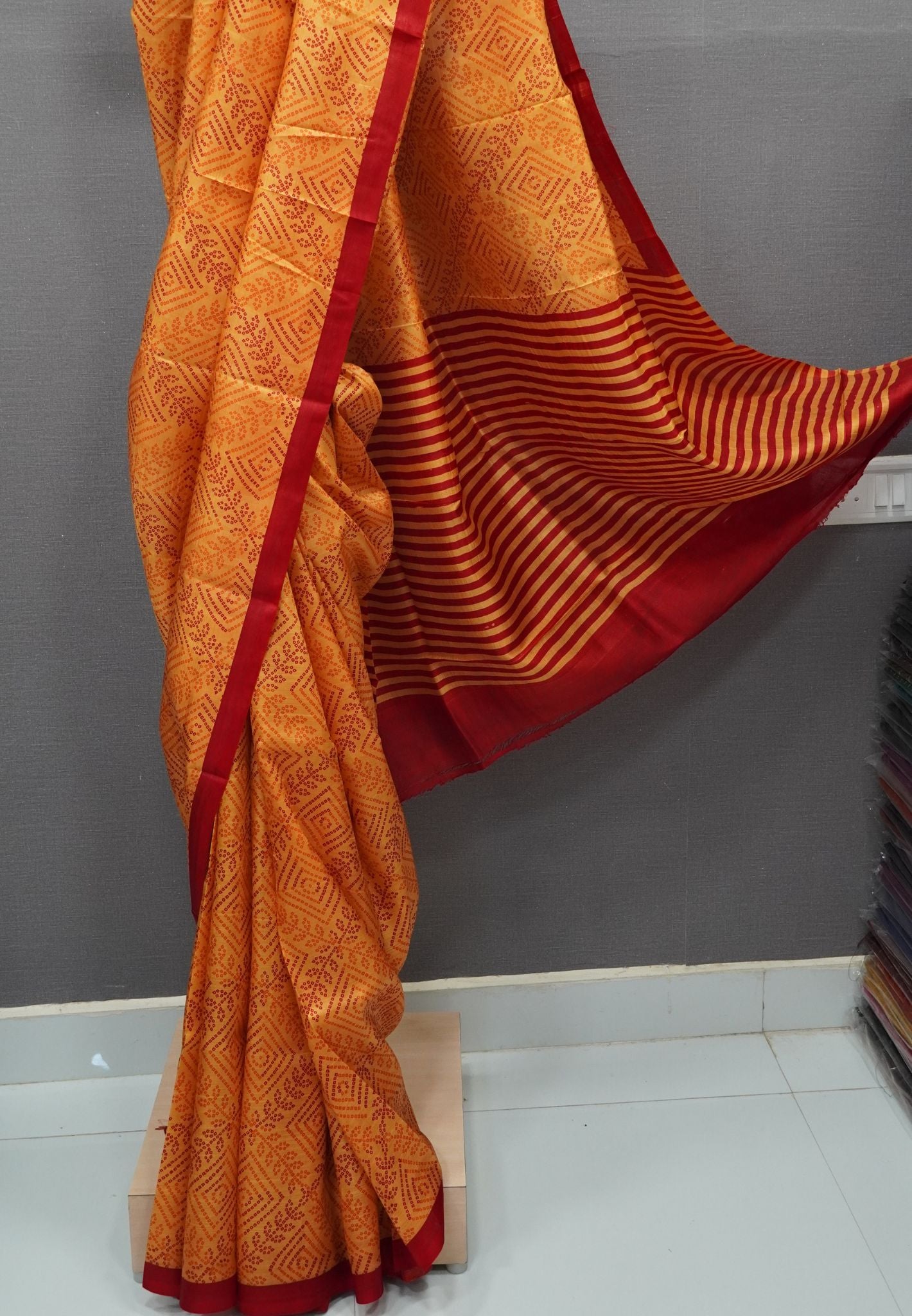 Pure Tussar Saree-Mango Yellow in Bandhini Pattern