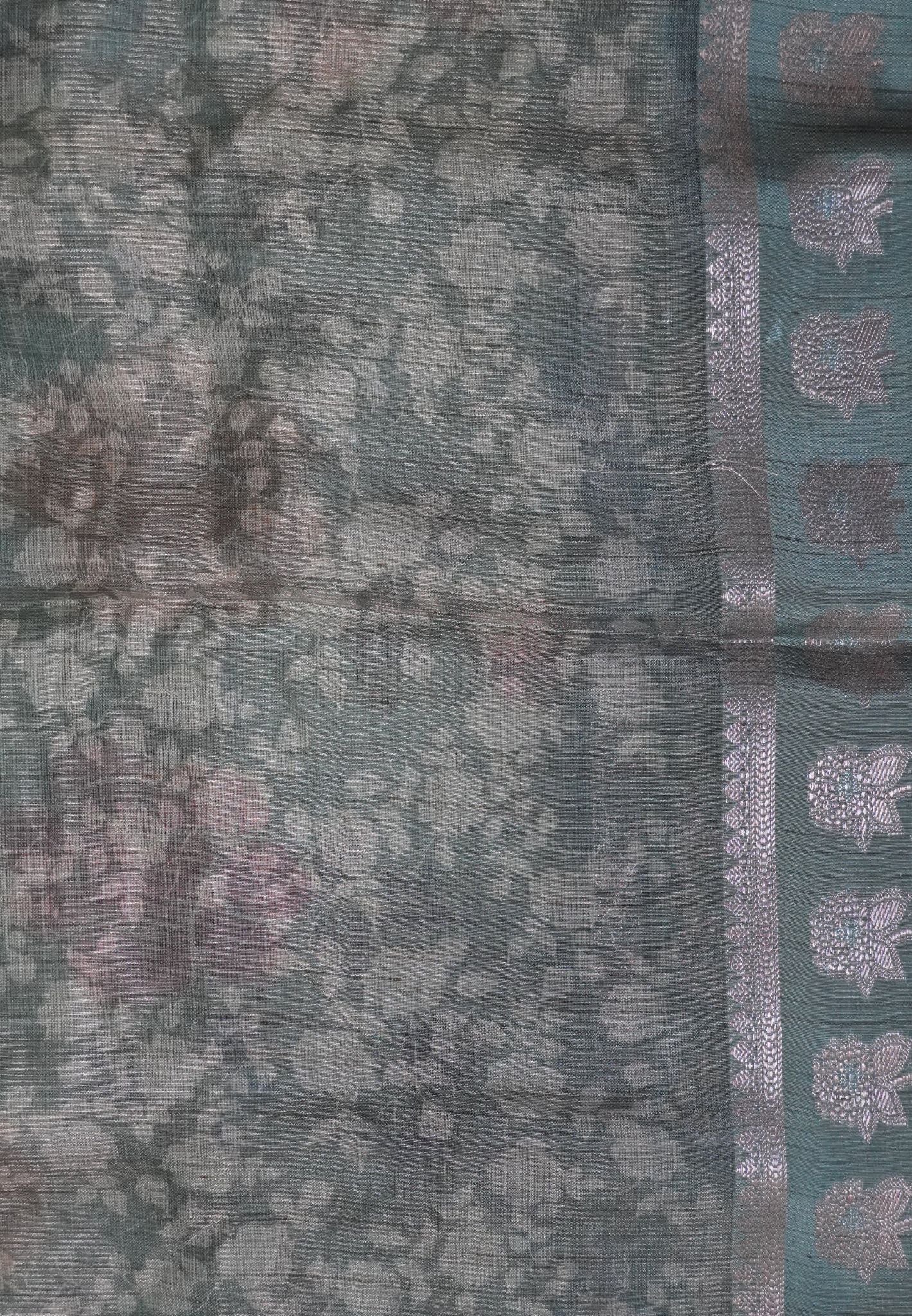 Tissue Linen Saree-Sea green with Floral Kutch Work